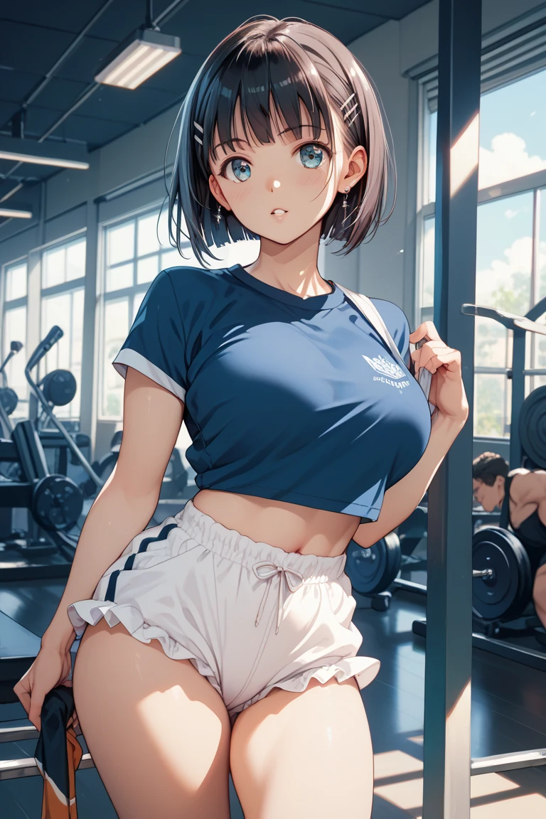top-quality、Full limbs、complete fingers、Slender beauty、1人の女性、Woman with dark hair、Women with straight hair、Shorthair woman、Beauty busty woman、((White short-sleeved gym uniform that covers the upper body))、((Dark blue high-leg bloomers))、sexypose、A big smile、Women's locker room、Sitting long and bending forward、opening legs