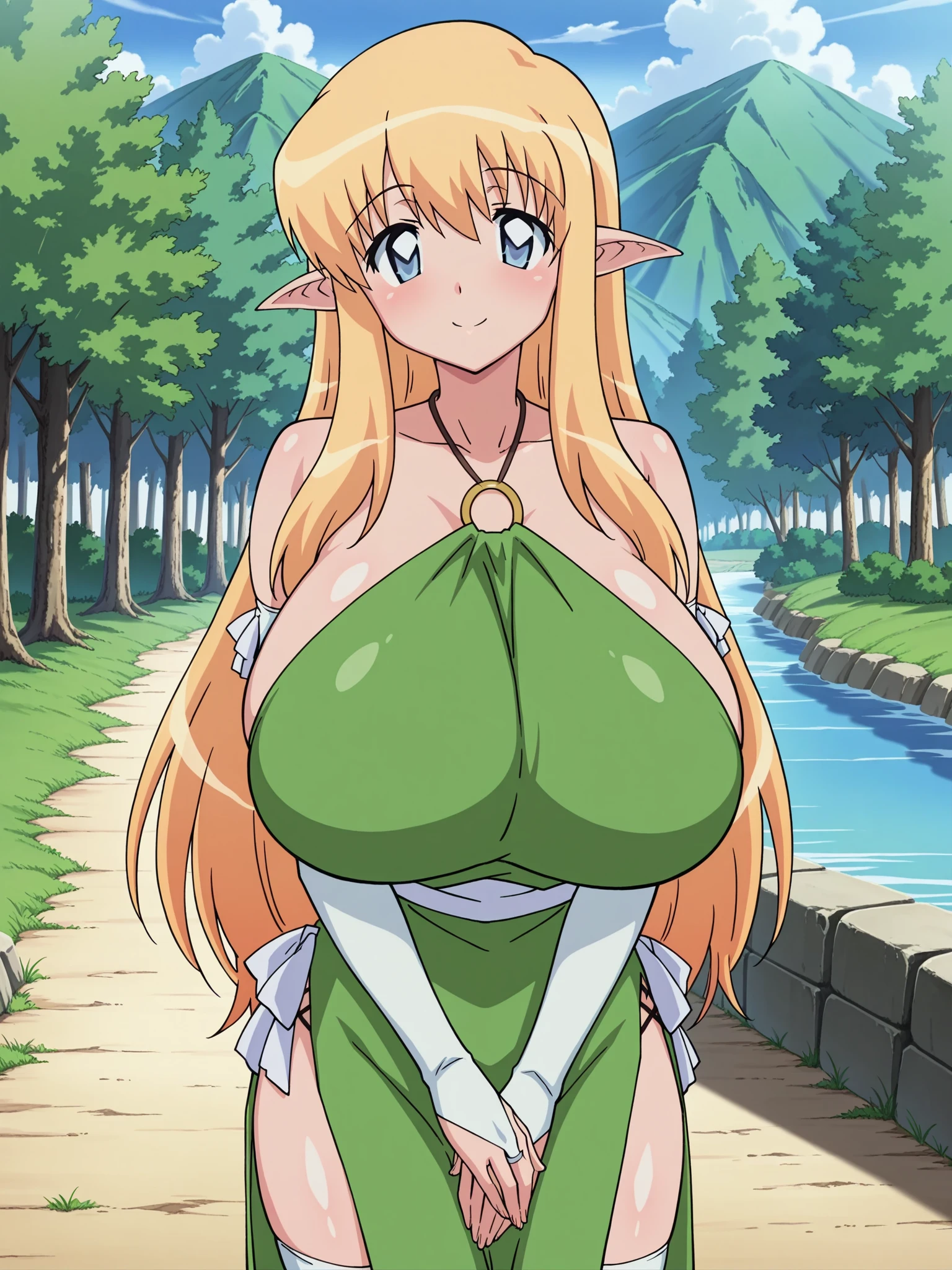 anime style, 12 years old, big eyes, green dress,cape,skirt,Green_outfit,cleavage, cleavage cutout, clothing cutout, elf,gem,chain,choker,blonde hair,blue eyes,bangs,very long hair, (hair between eyes:1.3),blunt bangs,green hairband, green ribbon, best quality, high resolution, 1girl, (huge breasts:1.2), A smile, closed mouth