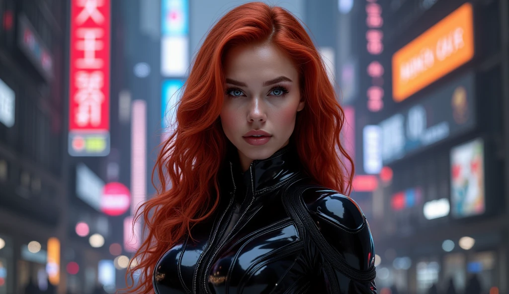 masterpiece , A woman , very long red hair , blue eyes , gradient , Perfect shape , ( technological clothing:1.2) , cyberpunk , future , modern , in cyberpunk city, light smile , detailed face ,, , (8k, best quality 1.2), ultra detailed, 8k uhd,, Soft lighting, high quality, film grain, beautiful lighting,, (cinematographic:1.4) ,perfect body , better lighting, best shadow, sharpness, contrast,