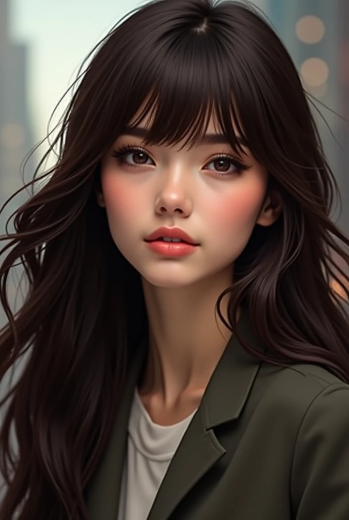 Now create an image of a young woman with dark brown hair with brown eyes, her hair is long and she has a large fringe, like a fringe, and she is quite stylish, she wears stylish clothes.