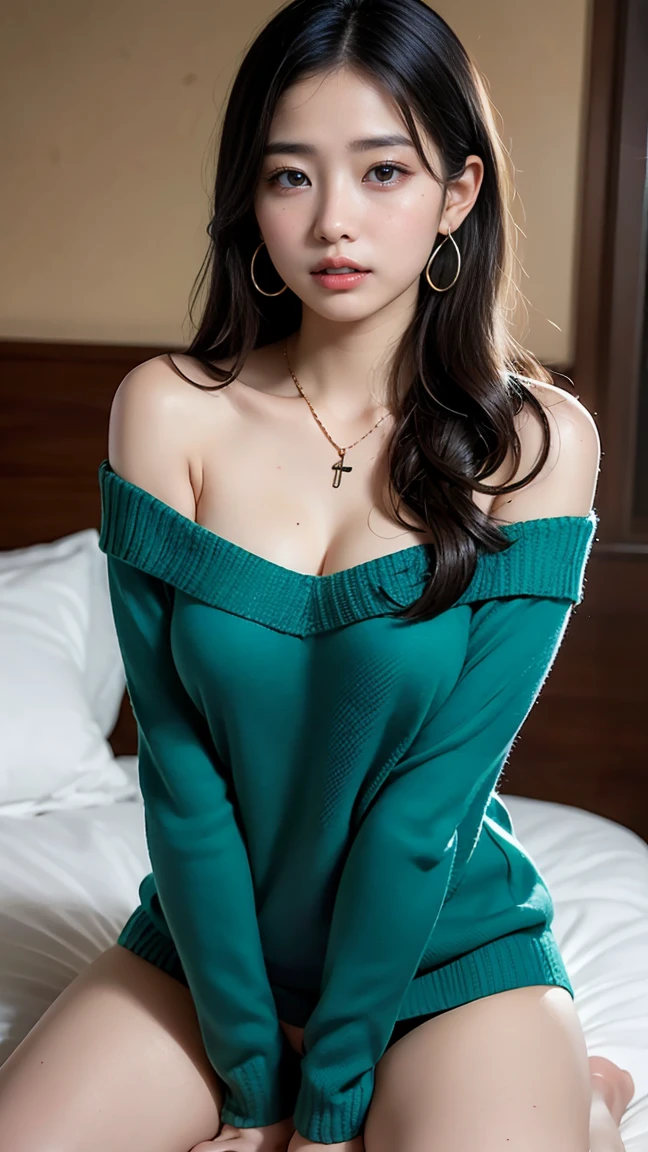 Cool beauty,Looks sweet,bob haistyle, (wearing green oversize t-shirt, off-shoulders), show clavage, show big thigh, plump body, huge breast, full body photo, sitting on the bed. Dark background.