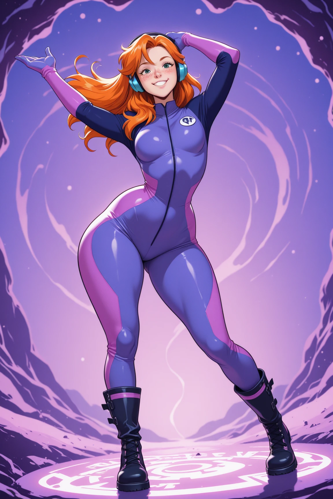anime small girl, anime magical, , orange hair, masterpiece, ((best quality, masterpiece)), ((1girl, shorty body)), cute, , smile, full shot, headphones, mischievous smile, anime oldschool style, celshading, pose masterpiece, high_quality, highres, woman, sport suit, eyelashes, crumbs, blush, body, thin waist, (((big ))), small, dynamic pose, rocker attitude, full color clothes, short torso, perspective, (((short body))), ((long hair)), , freckles, big sports gloves, (((big violet climb boots))), fantasy light environment, abstract background