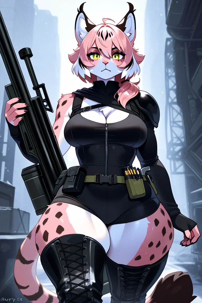 ((masterpiece, best quality)), (anthro furry:1.3, muzzle:1.2, anthro:1.3, furry:1.2, closeup:1.2, female solo:1.2, (wearing russian military coat) military pants, wearing glasses, fox spiraled in the colors of funtime foxy,five nights at freddy,white skin pink details, pink eyes, sexy position, desert ambient place,tank blimdado behind