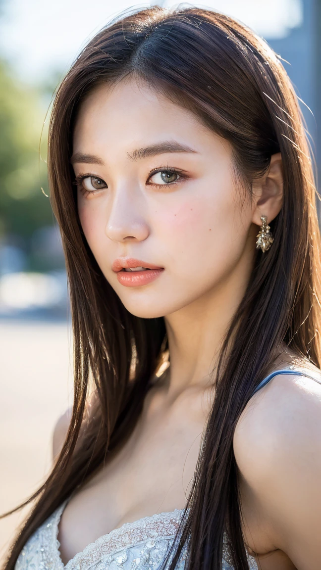((Best quality, 8K, masterpiece:1.3)),1girl,18 years old,Asian,Real texture:1.3,(Background blur:1.3),Gorgeous long dress,Tall and slender figure:1.2,(Hot summer weather),(street:1.3),Highly detailed face and skin textures,Exquisite eyes,Long eyelashes,Double eyelids,Skin Whitening,happy,Big breasts