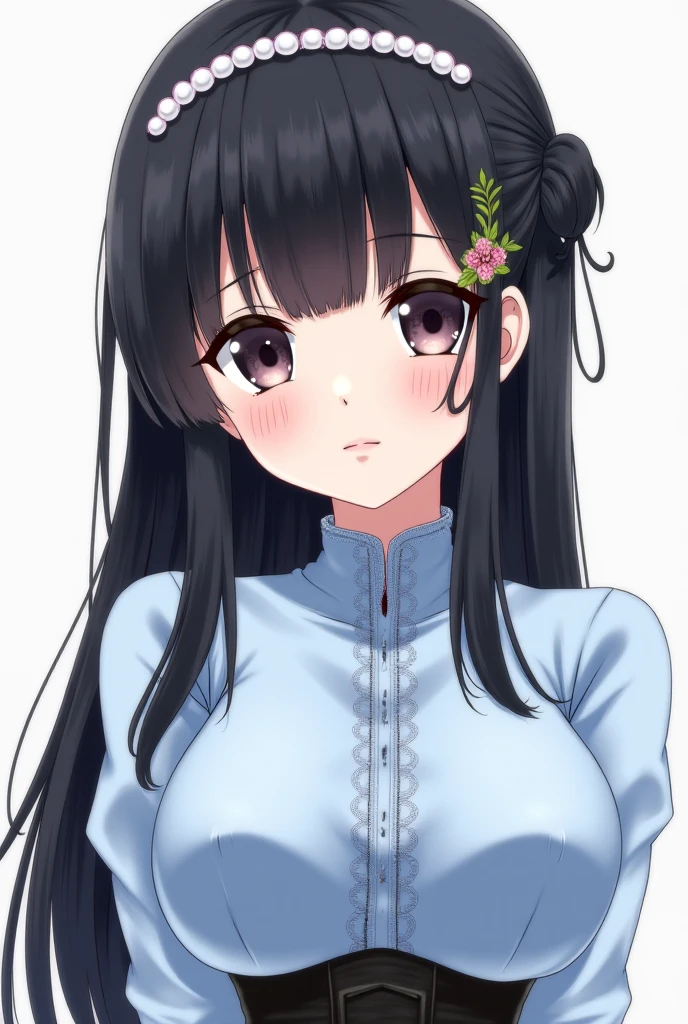 score_9, score_8_up, score_7_up,
1girl, himeno kisara, black hair, long hair, blue eyes, hair ornament,
large breasts,
frown, looking at viewer, pink dress, short sleeves,