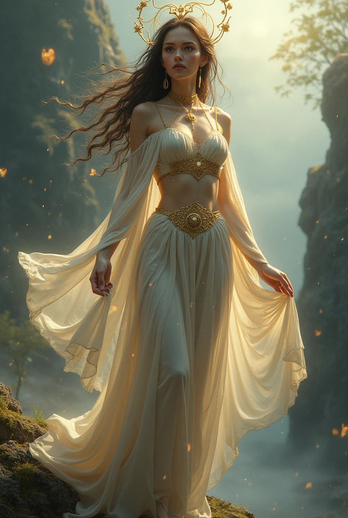 anime girl 20 years old, with long black hair down to her waist, golden eyes. She wears jewelry and dresses in an antique style, donning a long white dress with golden details. She wears elegant gladiator sandals. She possesses golden powers and has a golden-themed background. Whole body, (ultra realistic), {Extremely detailed CG unit 8k wallpaper}, expansive landscape photography, (A view from below that shows the greatness of the character, wide open field view), (low angle shot), (light: 2.0), (warm light source: 1.5), Complex details, (Iridescent colors: 1.5), (bright lighting), (atmospheric lighting), surreal, Awesome, fancy, (Alone: 1.2)