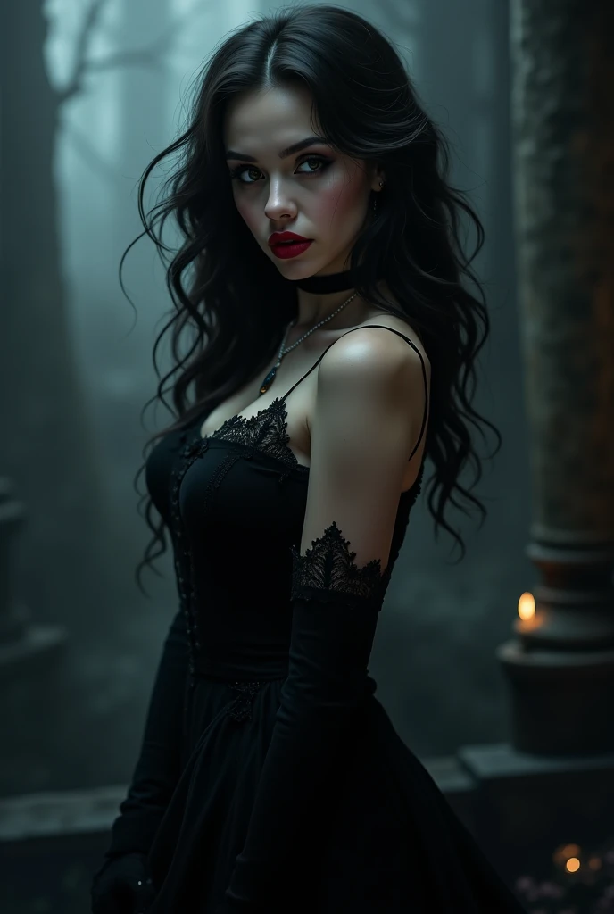 beautiful vampire woman dressed in a Victorian dress with bare shoulders, blue eyes, full body with dark circles, standing on a balcony of an old and abandoned spooky castle, La noche está envuelta en una densa fog y la luna está llena., terror , horror, inside, distorted, sky, fog, In that, dust, ruined temple, fear, shadowy creatures, masterpiece, ultra high resolution, high quality, cinematic lighting, luana mediana