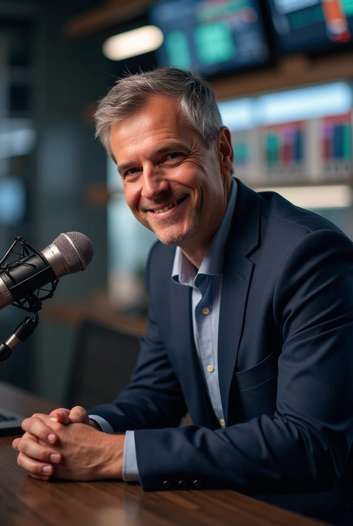 Generate an image of a man smiling sitting facing camera in a well-balanced studio with microphone in his front, realistic portrait