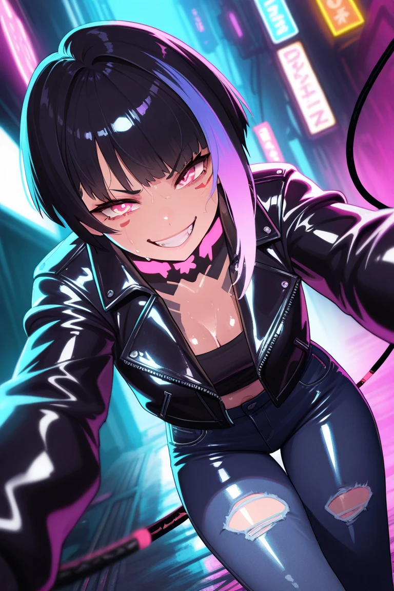High Quality, Masterpiece, 1girl, cute, gyaru, ((two tone hair)), (black hair), pink hair, black gothic punk clothing, red sunglasses on her head, Cyberpunk futuristic background with mechanical elements, Dramatic lighting with high contrast between black, red, and white, Dynamic pose with scattered star-like effects for added motion, seductive smile, grin, leaning forward, Edgy and cool atmosphere