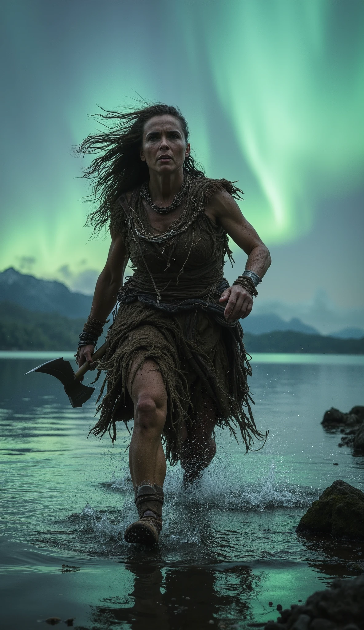 Ultra realistic photography of a ((Nordic woman)), robust, mature, prehistoric warrior, ancestral, indomitable, muscular dressed rustically, in her hand she holds an axe made of stick, (ropes and stones), running wild, Background: Northern lights reflected in a lake, Activity: Running, Image Quality: Stunning Details, Emotional State: Challenging, Energy: High, Size: Large, Structure: Structured, Vibe: Epic, Camera Angle: Surround Perspective, Camera Angle Position: View from below, Lens Settings: 50m Lens, Light Type: Light reflected in water