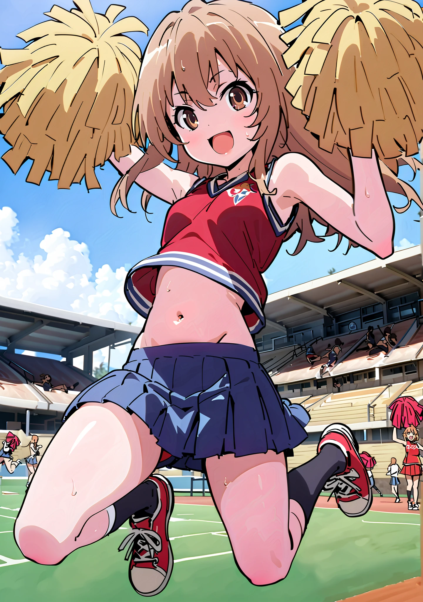 TaigaAisaka, Aisaka Taiga, solo,long hair, brown hair, brown eyes,smile,cover,opens her mouth, small ,(Cheerleading), (full body),  on chest, (I sweated), I sweated Wet Clothes, (Red clothing),sleeveless, pleated skirt,black socks,sneakers with a ladyback letter,belly button stick, playground, (jump), (jump), 足を曲げてjumpする,blue sky,  Compa, smile,cheerleader, Pom-pom \(Cheerleading\) real hair ornaments,angle from below,audience,full bodyがイラストに入るように,break outdoors,Stadium,
break looking at viewer,full body,
break (masterpiece:1.2),Best Quality ,Kampala,unity 8k 壁紙,(shape:0.8),( fine and beautiful eyes :1.6),It's a person ,full body写真,CG Details , (perfect hand,complete anatomy),