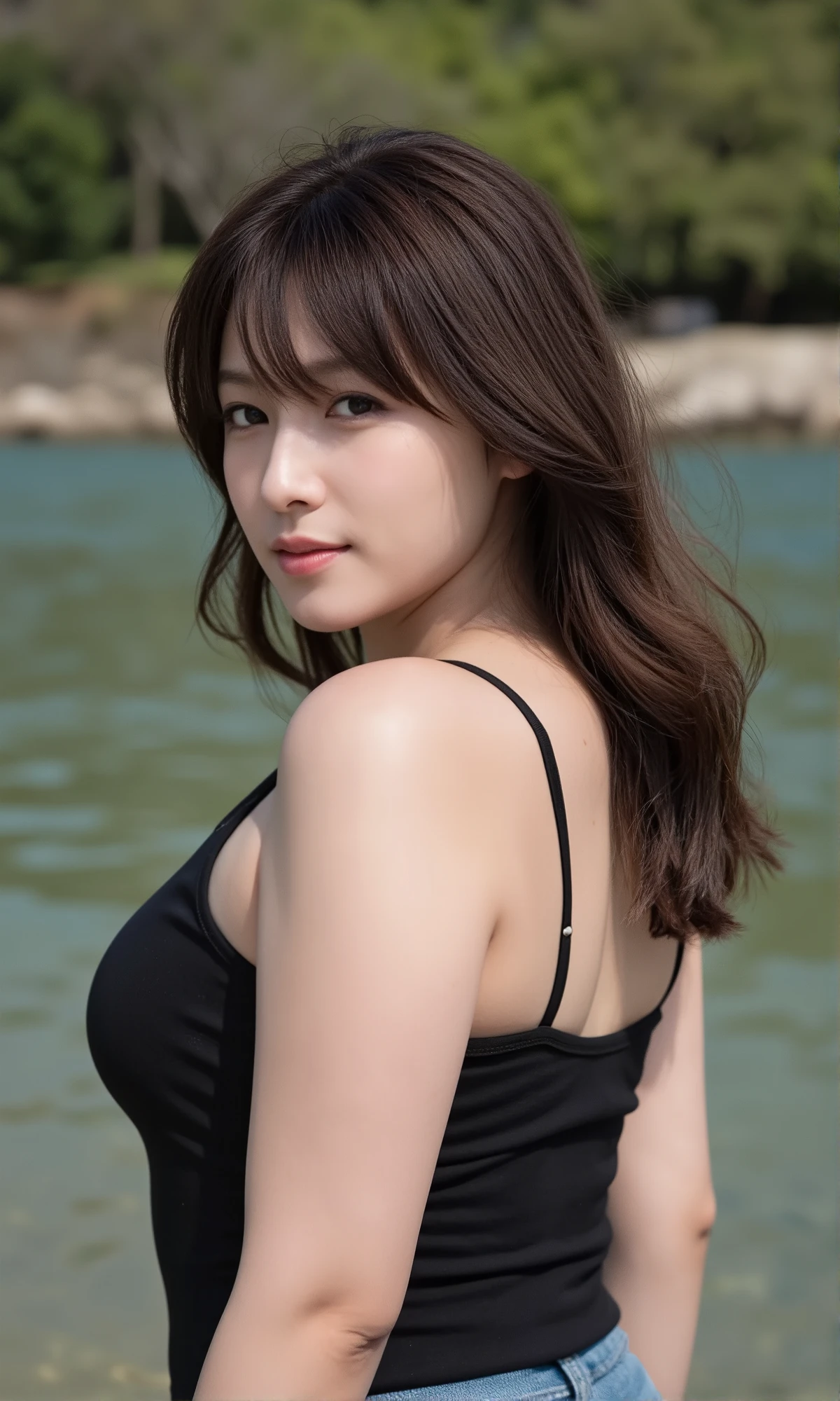 (mature adult woman wearing a leotard1By people),beautiful black hair,super straight hair,With bangs,((Fluttering Hair)), realistic person images in dark waters,Realism,Best Quality,mastepeice,Best Quality,best image quality,highest resolution,fine details,Beautiful detailed face,black eyes,((realistic skin)),detailed background,( Exact Upper Body),(perfect upper body),(((upper body))),((Realismのある肌)),(smiles),(((super big ))),(((((Wear jeans))))),(((((wear a tank top))))),((( standing))),(((((Large breasts)))),((((Wear)))),((((In a dark alley)))),