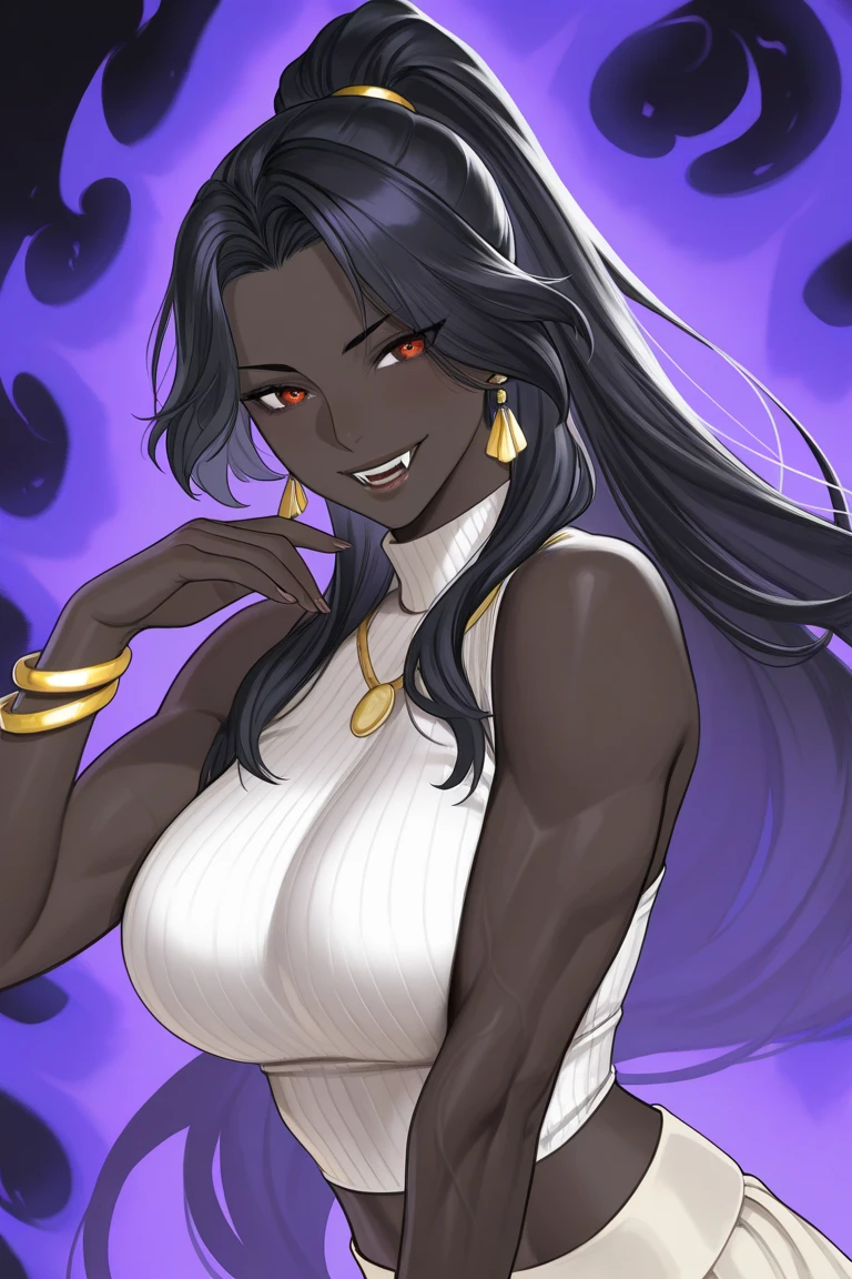 (Women1),(a woman alone),(thin body),(slender body),(structured body),(young mature and large body),(huge bust of breasts),(Long purple hair and long purple eyes),(Dark skin color:1.5),(Big ass),(height 1.68),(sexy body),(mature body),(big and mature and sexual breasts),(wearing),+,(A white sleeveless, collarless blouse showing the shoulders and a short, tight, sexual pencil skirt)