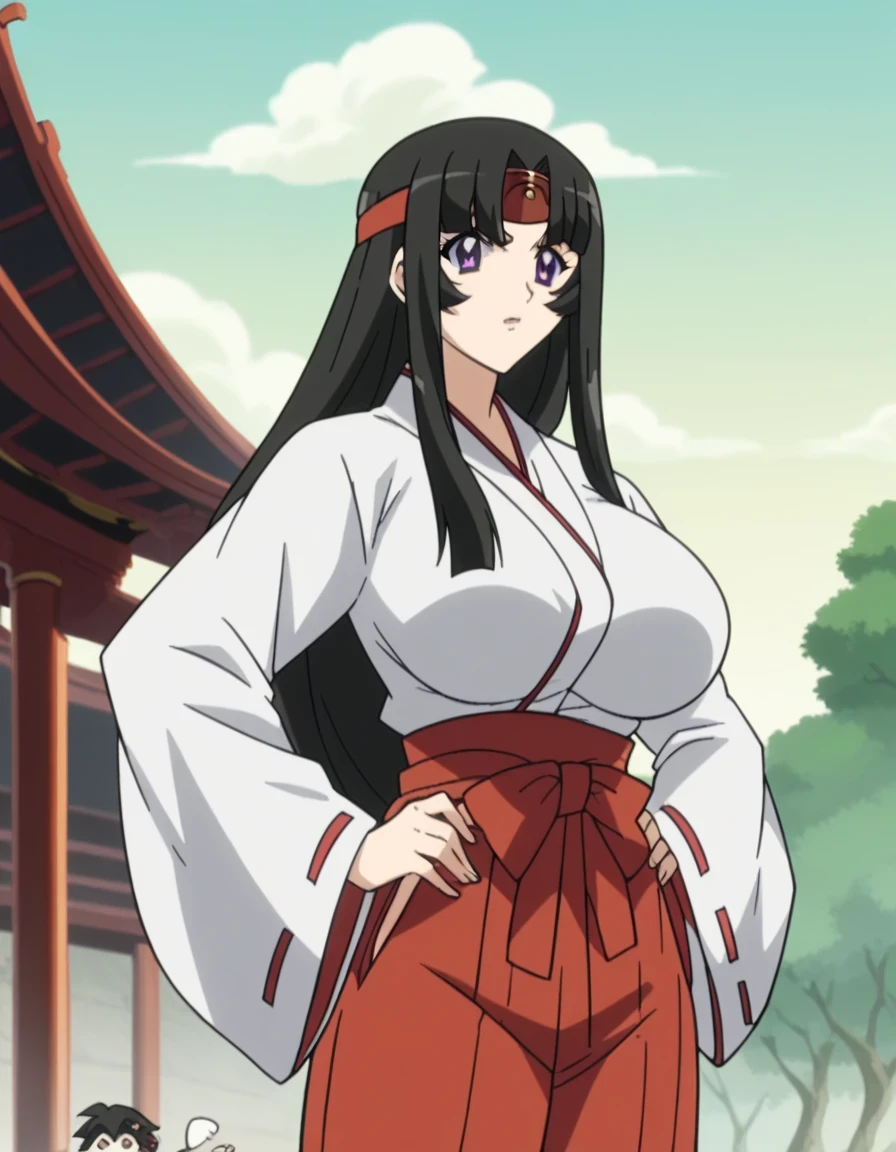 _anime, Tomoe, long hair, huge breasts, black hair, purple eyes, low-tied long hair, anime screencap, skirt, Japanese clothing, headband , ribbon-trimmed sleeves , Monkey, red hakama pants, Japanese temple,alas afueras del Japanese temple , hands on hip,, looking at the spectator, Alone ,, Cowboy Shooting, Alone