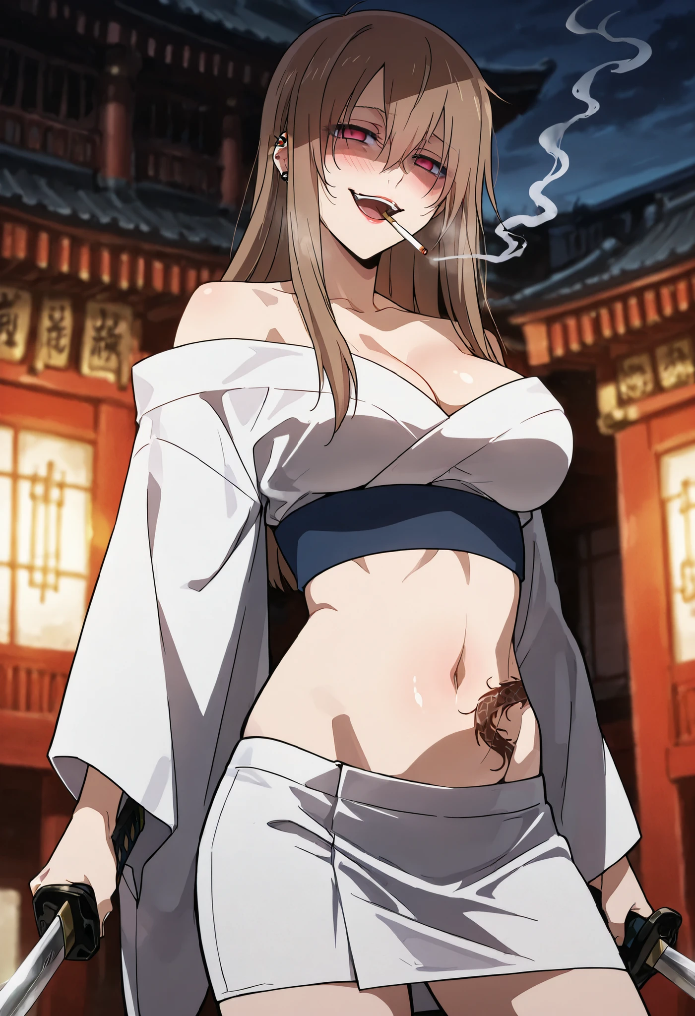 masterpiece, best quality, cinematic lighting, amazing quality, very aesthetic, absurdres, best quality, 4k, upscale,   Chinatsu, Main Outfit, solo, yandere face, yandere,  , ear piercing, long hair, blush, lipstick,Hot girl, baddie, smoking, sensual, attractive ,masterpiece, best quality, highly detailed, a girl in kimono dress ,holding sword, bare shoulder, kimono, evil smile, open mouth, , (nsfw) not safe for work,serious, serious eyes, official artwork,beautiful girl, kimono pencil skirt, exposed belly, exposed navel, ,in a palace,exposed midriff, exposed lower belly, outdoor, japanese architecture, temple, ,, dragon tattoo, narrowed eyes, tattoo midriff,, medium  breast, 