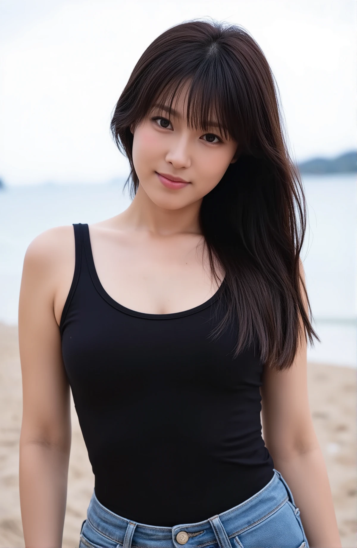 (レオタードを着た大peopleの女性1people々),beautiful black hair,Very Straight Hair,with bangs,((Fluttering Hair)), 暗い水の中のリアルなpeople物画像,realism,Best Quality,mastepeice ,Best Quality,best image quality,highest resolution,detailed,Beautiful Detailed Face,dark eyes,((real skins)),detailed background,( ショーツだけ履いたままシャワールームにstanding正確なupper body ),(perfect upper body),(((upper body))),((realismのある肌)),(smile),(((super big ))),(((((wear jeans))))),(((((タンク トップをwear))))),((( standing))),(((((Big Breasts)))),((((wear)))),((((In A Dim Back Alley)))),