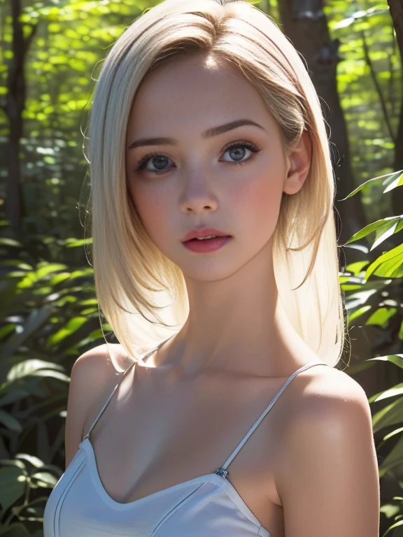 (8k, RAW photo, highest quality) 22 year old girl, depth of field, bokeh, 8K, HDR, cinematic rendering, Best quality at its finest, nearing perfection: (The perfect face: 1.1), high detail: 1.1, Dramatic and captivating, (1 person), (Pale-skinned beauty with longer-than-life pure white hair: 1.4), White, luminescent eyes reminiscent of Otto Sepalainen's, Alone and enchanting, sharply covered navel, snobbish aura, albinism represented in radiant detail, ((extremely intricate:1.7) dressed in skintight sheer ), straps dropped, (pantiesd:1.4), (short, loose, very tiny, shoulder free, tanktop:1.7), peeled off, leaning against a tree in the wilderness, goosebumps, cinematic, faded colors, dark shot, muted colors, grainy film, read, crazy details, intricate details, hyperdetailed, sunset, shyness, seduction, romance, looks at the camera lens lovingly, no visible handLuminous Studio graphics engine, pouting seductively, Embodying the essence of a Demonic Magician, volumetric lighting that breathes life into every strand of hair and delicately