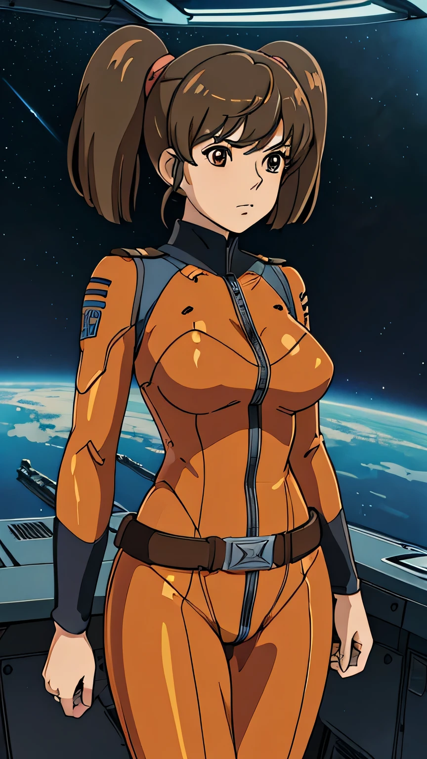 (s:1girl: misaki yuria), (extremely detailed CG unit 8k wallpaper),(master part), (best quality), (ultra detail), (best illustration),(Spaceship bridge), cowboy shot, (Sharp eyeliner, ombre, detailed eyes:1), break , (ghibli style), upper body, twintails
orange bodysuit, belt, large breasts