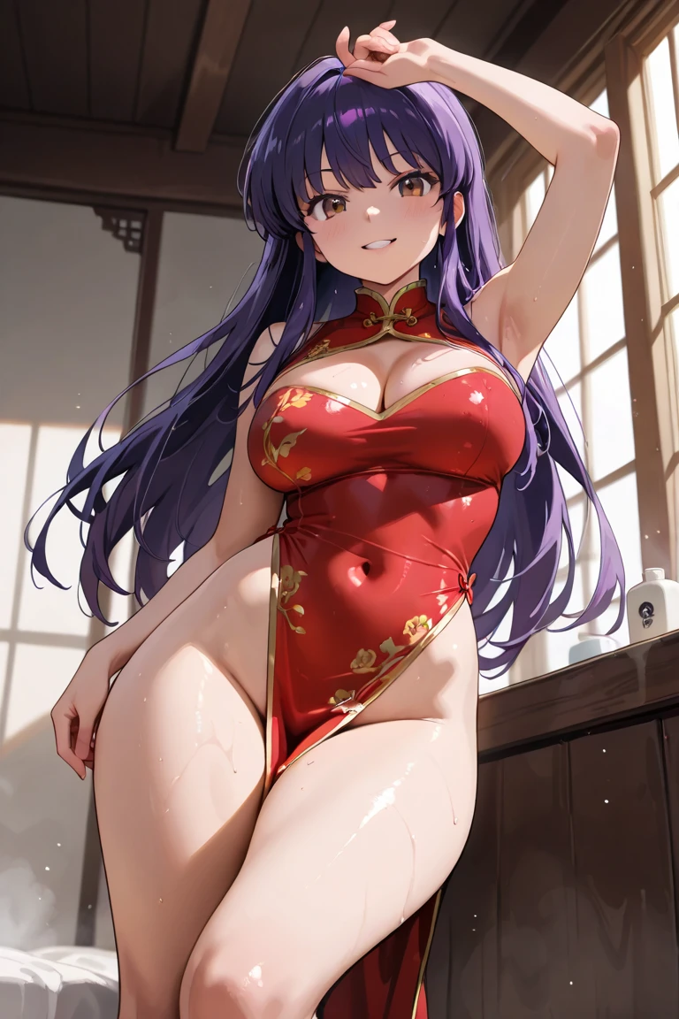 masterpiece, best quality, high resolution, 1girl Saeki Kaori, But breasts exposed, Tight red dress, Black over-the-knee stockings, classroom, Cowboy shooting, Horny, Looking at the audience, Focus only