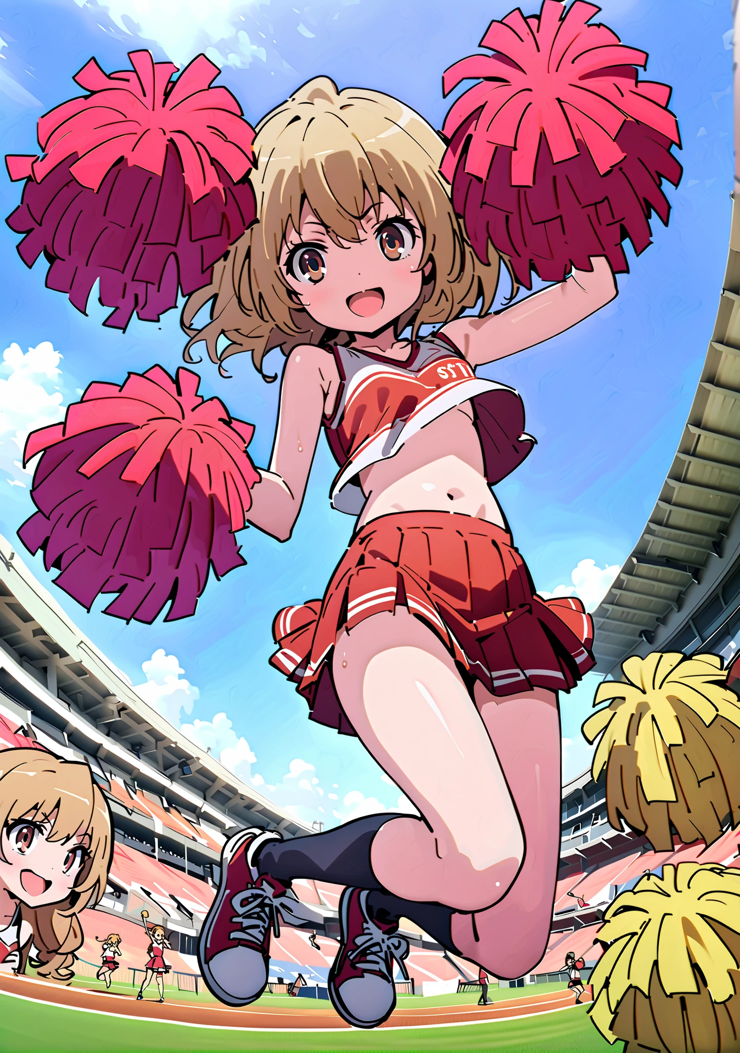 TaigaAisaka, Aisaka Taiga, solo,long hair, brown hair, brown eyes,smile,cover,opens her mouth, small ,(Cheerleading), (full body), on chest, (I sweated), I sweated Wet Clothes, (Red clothing),sleeveless, red pleated skirt,black socks,sneakers with a ladyback letter,belly button stick, playground, (jump), (jump), 足を曲げてjumpする,blue sky, Compa, smile,cheerleader, Pom-pom \(Cheerleading\) real hair ornaments,angle from below,audience,full bodyがイラストに入るように,break outdoors,Stadium,
break looking at viewer,full body,
break (masterpiece:1.2),Best Quality ,Kampala,unity 8k 壁紙,(shape:0.8),( fine and beautiful eyes :1.6),It's a person ,full body写真,CG Details , (perfect hand,complete anatomy),