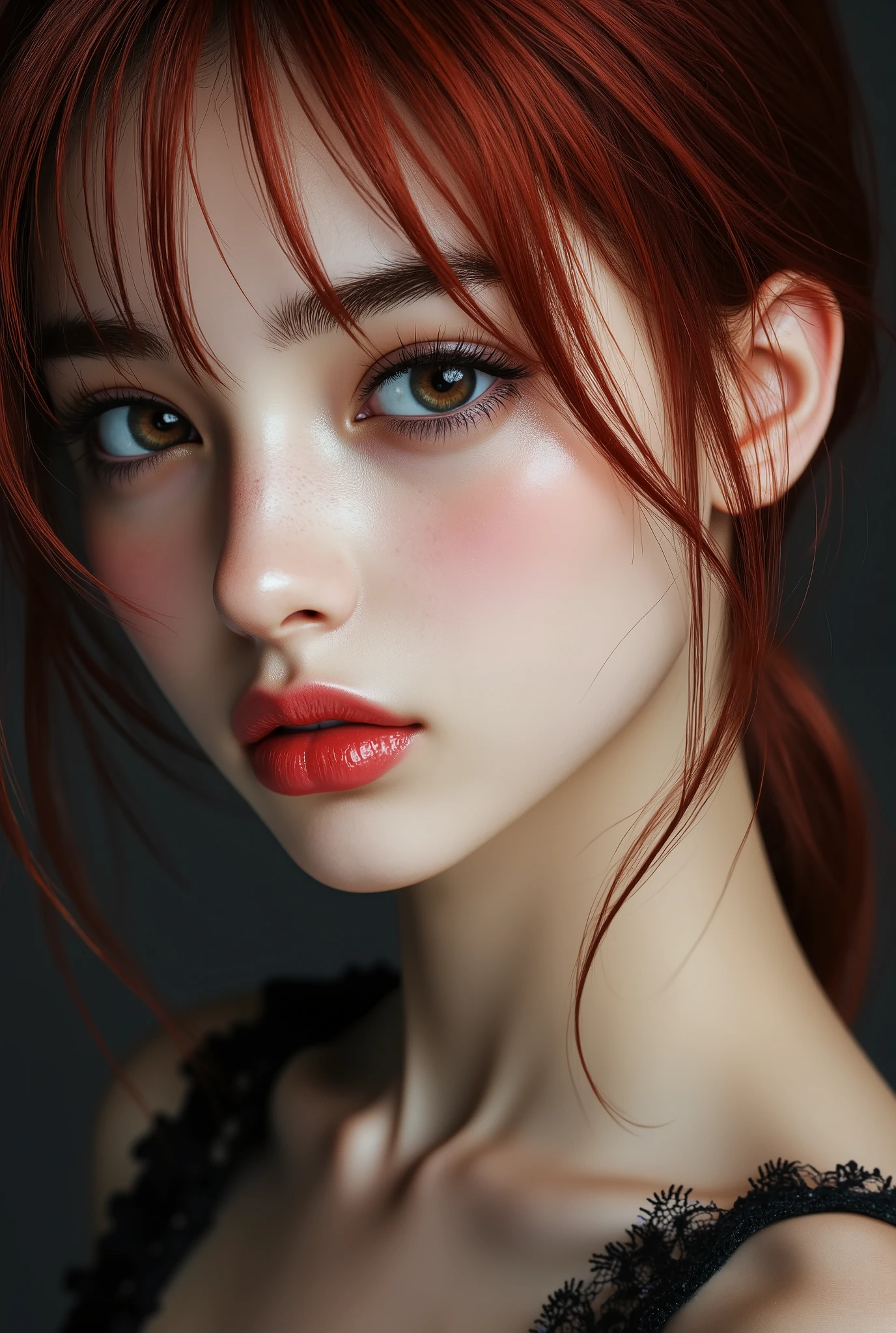 [Style: - "8k, masterpiece, realistic, Photorealistic realism, Hyper high resolution" - "highest quality, intricate ultra-detailed digital art"] (Key Directive: - "The priority is the anatomical accuracy and texture of the materials" - "Ultra-sharp human eyes with biological accuracy") {Character: "a beautiful girl, [Rosé from blackpink((firm and full breasts))]" | Face: "full lips, red lipstick, intense gaze" | Eyes: - "((sharp focus, no blurry eyes, Hyper absurd quality, Hyper details, Hyper realistic brown eyes:1.4))" - "((extra narrow eyebrows))" - "(Carefully draw Long blue_mascara:1.2)" - "(perfect round eyes)" | Hair: "long hair, red hair, curls at the ends of the hair, hair above one eye,((long combed to the side))" | Pose: "elegant pose" Outfit: [Top: "modest {}, ()" | lace: "(())" | (Boots: "Black Long()"] Environment: "Mt. Fuji tori" Lighting: "studio lighting, monochromatic, striking contrast, dramatic shadows" (Rendering engine: "Unreal Engine 5 path tracing, 16K texture maps") | The ultra-Highres,Unreal 5,Subsurface scattering,PBR Texturing,Post-Processing,Anisotropic Filtering,depth of fields,Maximum Sharpness and Sharpness,multi-layered texture,Albedo and Specular maps,Surface Shading,Precise simulation of light-material interactions,perfectly proportions,Octane rendering,Two-tone illumination,Wide Aperture, low ISO, white balance, The rule of thirds