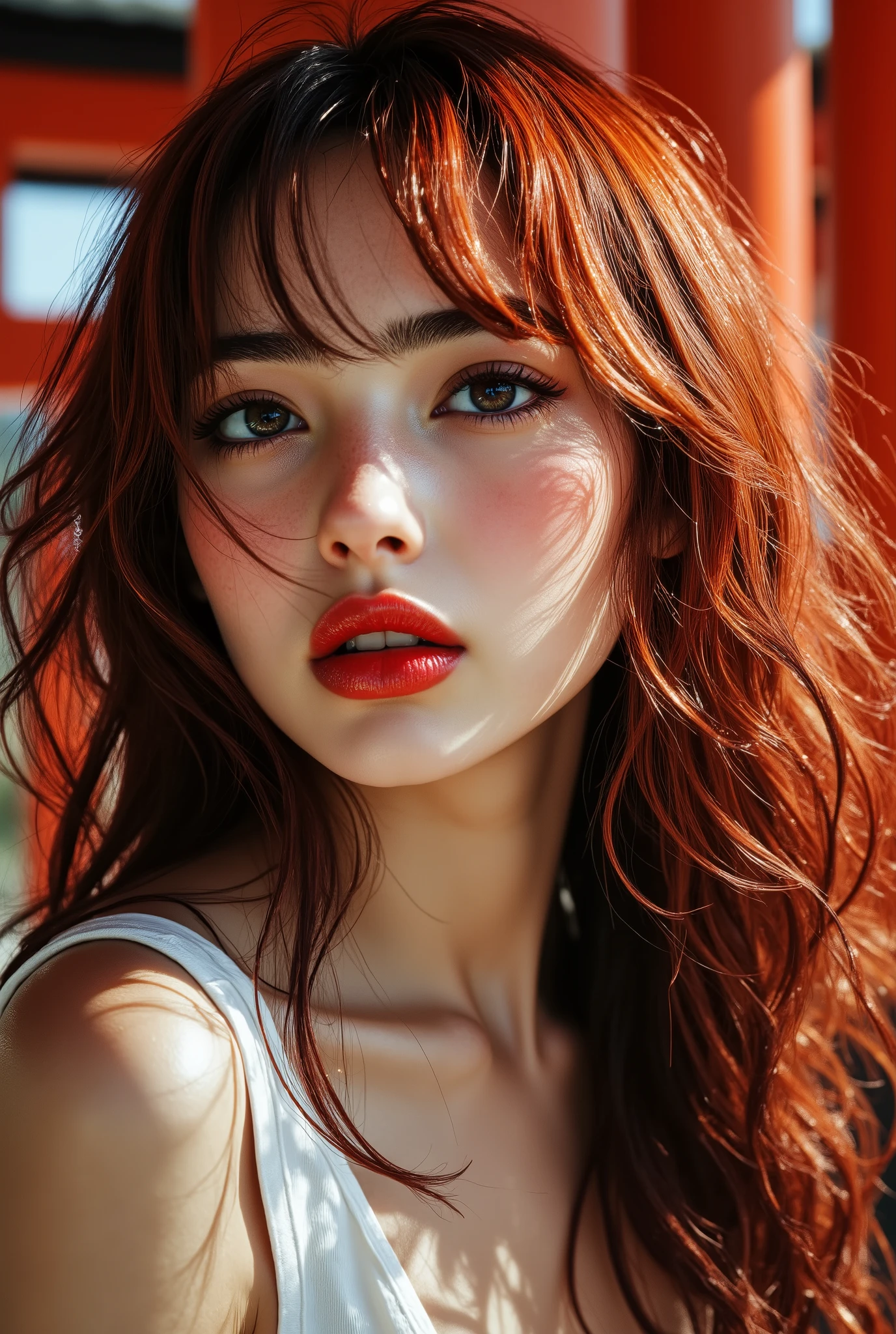 [Style: - "8k, masterpiece, realistic, Photorealistic realism, Hyper high resolution" - "highest quality, intricate ultra-detailed digital art"] (Key Directive: - "The priority is the anatomical accuracy and texture of the materials" - "Ultra-sharp human eyes with biological accuracy") {Character: "a beautiful girl, [Rosé from blackpink((firm and full breasts))]" | Face: "full lips, red lipstick, intense gaze" | Eyes: - "((sharp focus, no blurry eyes, Hyper absurd quality, Hyper details, Hyper realistic brown eyes:1.4))" - "((extra narrow eyebrows))" - "(Carefully draw Long blue_mascara:1.2)" - "(perfect round eyes)" | Hair: "long hair, red hair, curls at the ends of the hair, hair above one eye,((long combed to the side))" | Pose: "elegant pose" Outfit: [Top: "modest {}, ()" | lace: "(())" | (Boots: "Black Long()"] Environment: "Mt. Fuji tori" Lighting: "studio lighting, monochromatic, striking contrast, dramatic shadows" (Rendering engine: "Unreal Engine 5 path tracing, 16K texture maps") | The ultra-Highres,Unreal 5,Subsurface scattering,PBR Texturing,Post-Processing,Anisotropic Filtering,depth of fields,Maximum Sharpness and Sharpness,multi-layered texture,Albedo and Specular maps,Surface Shading,Precise simulation of light-material interactions,perfectly proportions,Octane rendering,Two-tone illumination,Wide Aperture, low ISO, white balance, The rule of thirds
