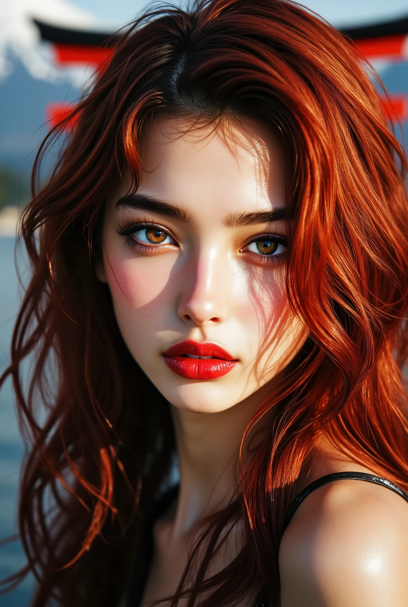 [Style: - "8k, masterpiece, realistic, Photorealistic realism, Hyper high resolution" - "highest quality, intricate ultra-detailed digital art"] (Key Directive: - "The priority is the anatomical accuracy and texture of the materials" - "Ultra-sharp human eyes with biological accuracy") {Character: "a beautiful girl, [Rosé from blackpink((firm and full breasts))]" | Face: "full lips, red lipstick, intense gaze" | Eyes: - "((sharp focus, no blurry eyes, Hyper absurd quality, Hyper details, Hyper realistic brown eyes:1.4))" - "((extra narrow eyebrows))" - "(Carefully draw Long blue_mascara:1.2)" - "(perfect round eyes)" | Hair: "long hair, red hair, curls at the ends of the hair, hair above one eye,((long combed to the side))" | Pose: "elegant pose" Outfit: [Top: "modest {}, ()" | lace: "(())" | (Boots: "Black Long()"] Environment: "Mt. Fuji tori" Lighting: "studio lighting, monochromatic, striking contrast, dramatic shadows" (Rendering engine: "Unreal Engine 5 path tracing, 16K texture maps") | The ultra-Highres,Unreal 5,Subsurface scattering,PBR Texturing,Post-Processing,Anisotropic Filtering,depth of fields,Maximum Sharpness and Sharpness,multi-layered texture,Albedo and Specular maps,Surface Shading,Precise simulation of light-material interactions,perfectly proportions,Octane rendering,Two-tone illumination,Wide Aperture, low ISO, white balance, The rule of thirds