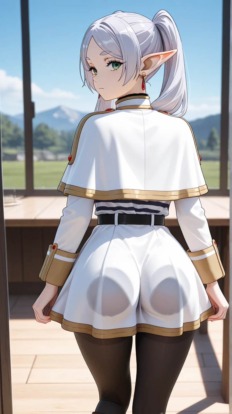 (Best Quality, Masterpiece),sexy, erotic, 1girl, 18 years old, Contempt, pride, long silver hair, ((green eyes)), looking at viewer, looking at viewer, warm light, (((official outfit))), ((standing)), (small breasts), ((grab own ass)), small butt, two ponytails, skirt, pantyhose
