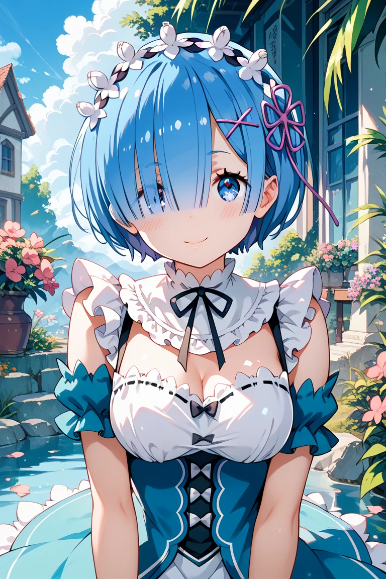 1 girl, rem re:zero,  body, sexy girl, wearing leggings, red jacket, big breasts, delicate face, short hair, blue hair beautiful smile, cherry blossom background, temple background