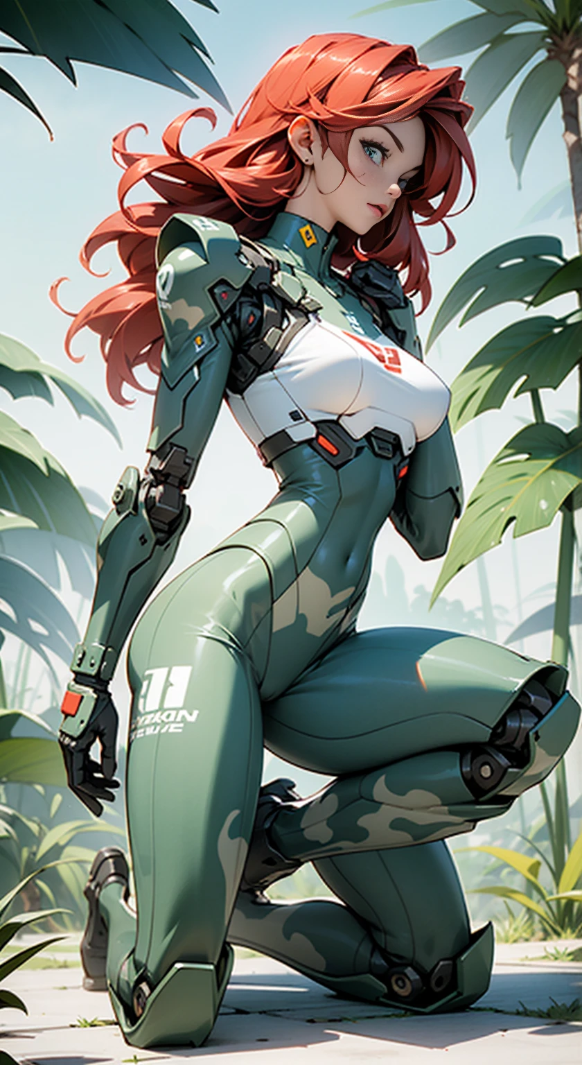 ((Best quality)), ((masterpiece)), (detailed: 1.4), (Absurd), (((full body)), (((woman))), 20-year-old woman, Beautiful muscular woman, giant robot pilot, perfect body savage, wearing little clothes, tiny thong