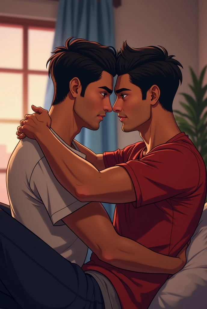 gay couple, where one is a Latino age boy, straight medium hair, light eyes, well-defined jaw, soft goatee, athlete's body and charming smile. While the other is a Brazilian teenboy, medium-long curly hair, dark brown eyes, diastema, dancer's body, goatee and dazzling smile