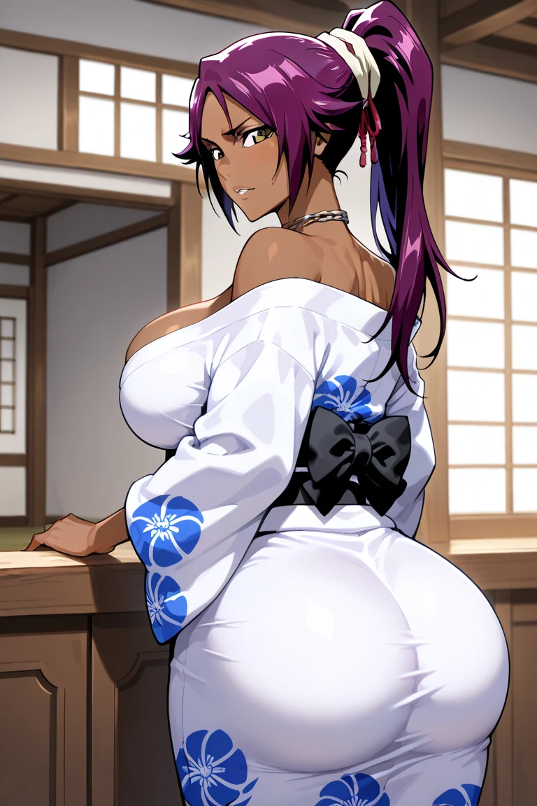 Brown skin thick thighs huge breasts 1female afro hair purple eyes puffy lips thick lips wearing kimono holding sword outside night