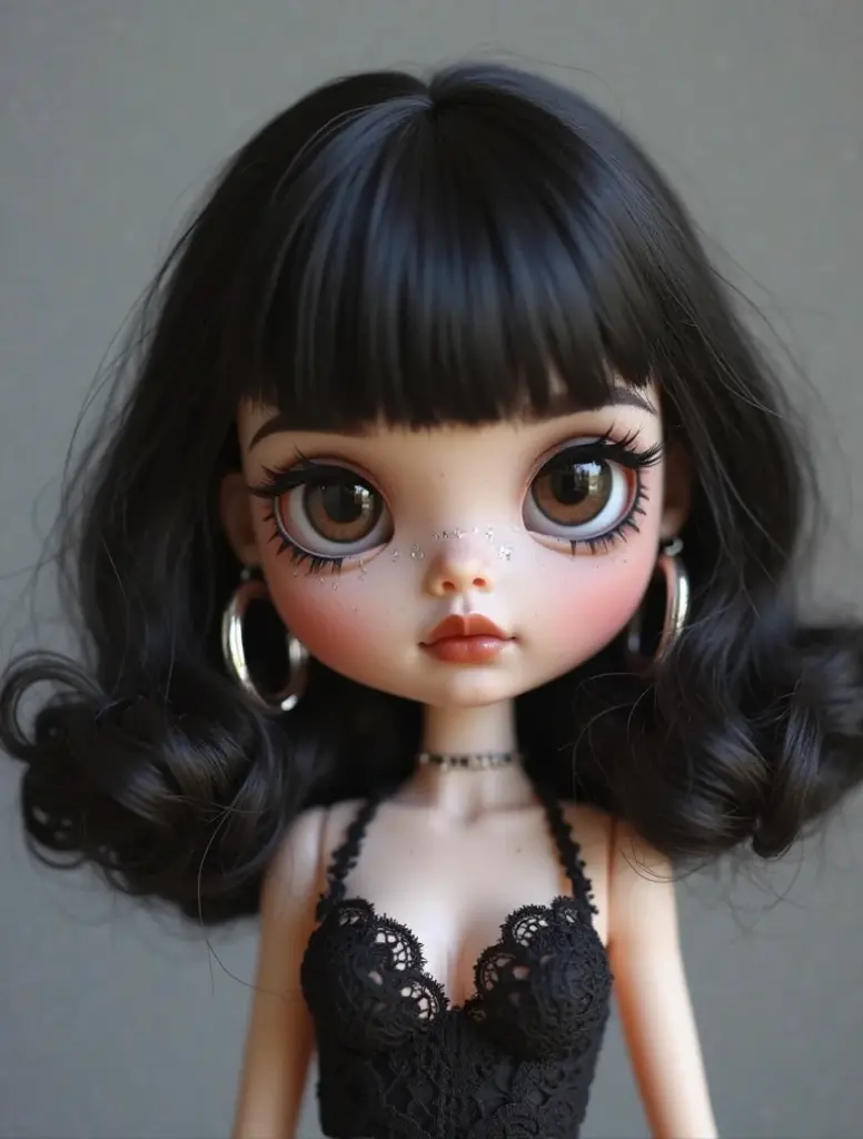 Blythe doll with straight hair, no bangs, and dark skin"