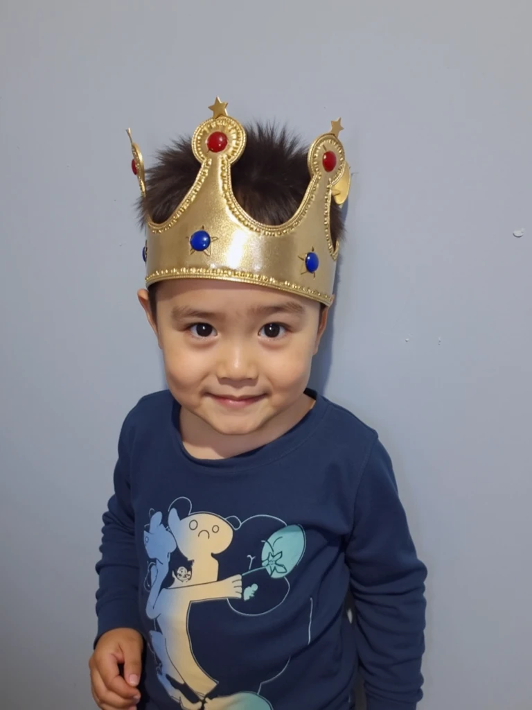 Cute boy wearing a crown and a white hoodie
