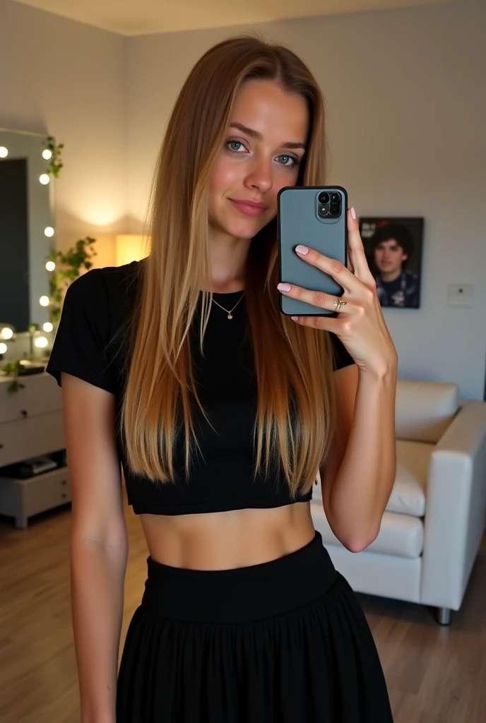 Arafedka in a black top and black trousers poses for a photo, anna nikonova aka newmilky, dasha taran, anastasia ovchinnikova, Angelina Stroganova, yelena belova, aleksandra waliszewska, amouranth, russian girlfriend, she is wearing a black tank top, sexy look at the camera