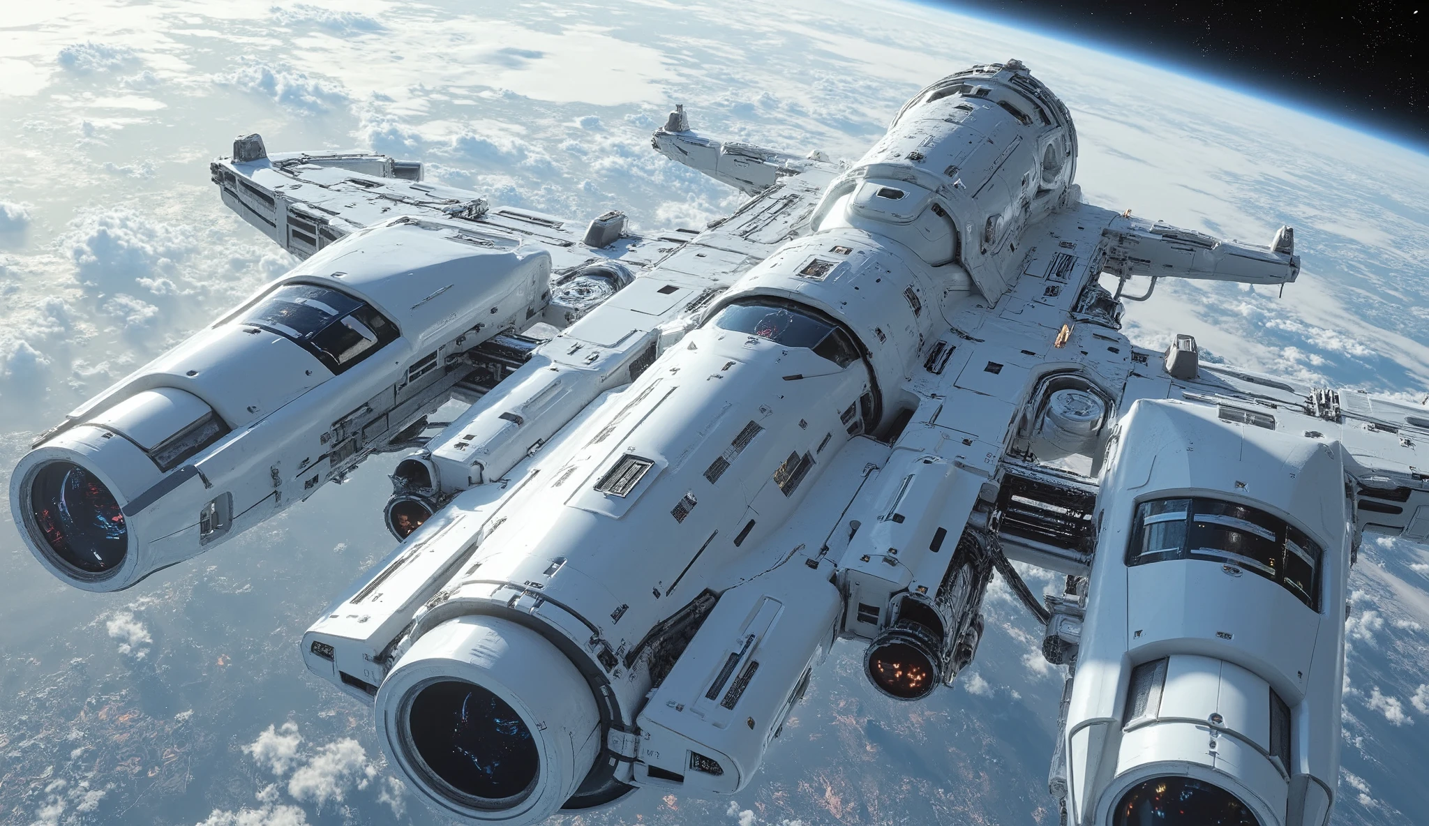 Design an ultra-realistic, highly detailed 8K render of a robotic white space station orbiting a helid planet. The station should feature a sleek, futuristic design with thousands of tiny windows, metallic surfaces, and intricate mechanical details. Emphasize realistic lighting with reflections gleaming off the polished surfaces, creating a sense of advanced technology. Capture the atmosphere of precision engineering and immense scale, ensuring every detail is sharp and lifelike for maximum realism."