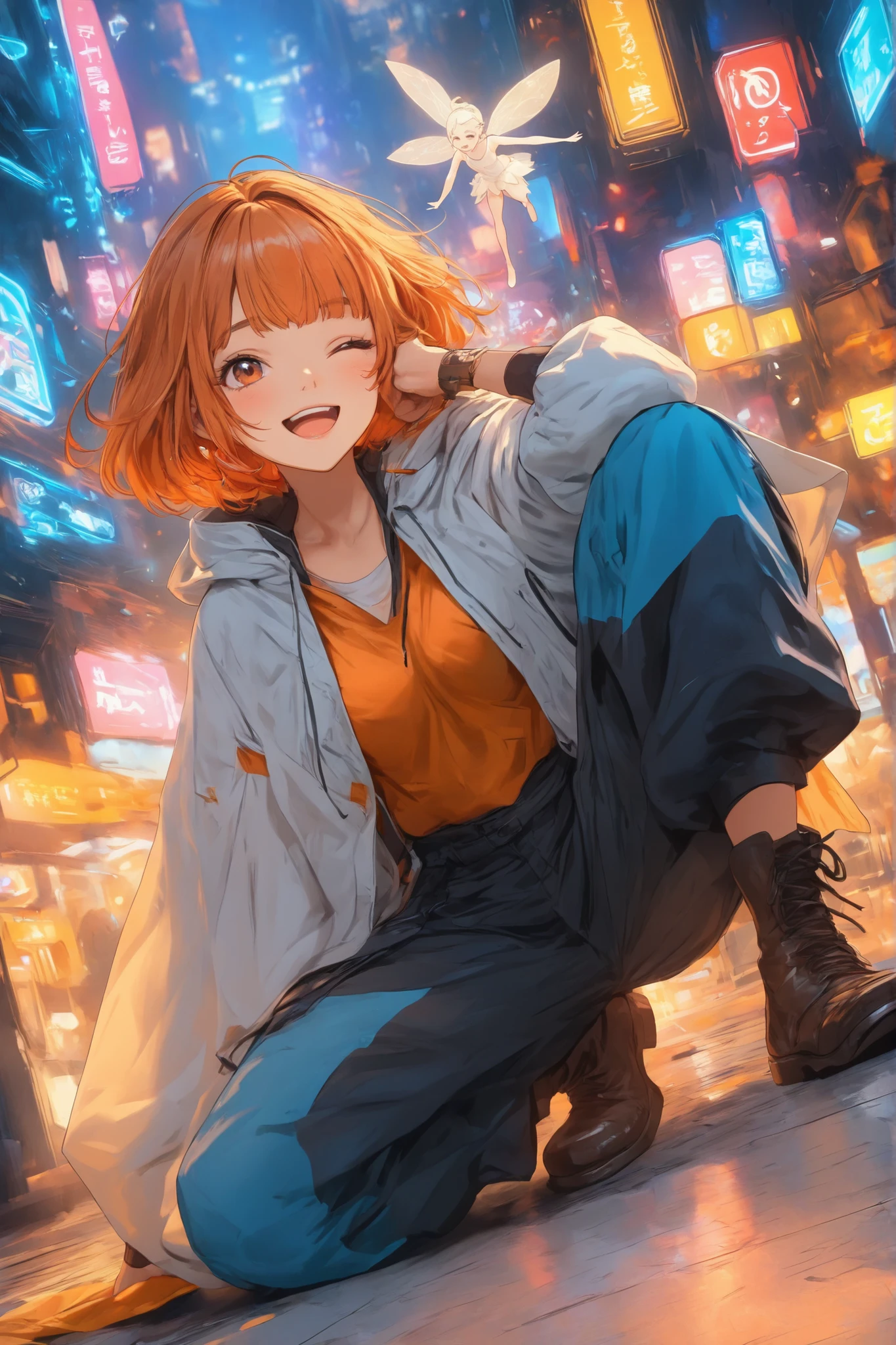 score_9, score_8_up, score_7_up,solo,sherryg,a girl\(warm orange bob hair,one eye closed,one ginger to her cheek,open her mouth,big smile),clothes\(orange tiny shirt with white patterns,simple cloak,long wide pants,nikkapokka style,dark brown boots with orange bow\),she is flying on sky with crystal texture umbrella,one little cute fairy with her,white fairy,details of the fairy,Dutch angle,neon cyberpunk city,background,happy atmosphere,HDR,8k
