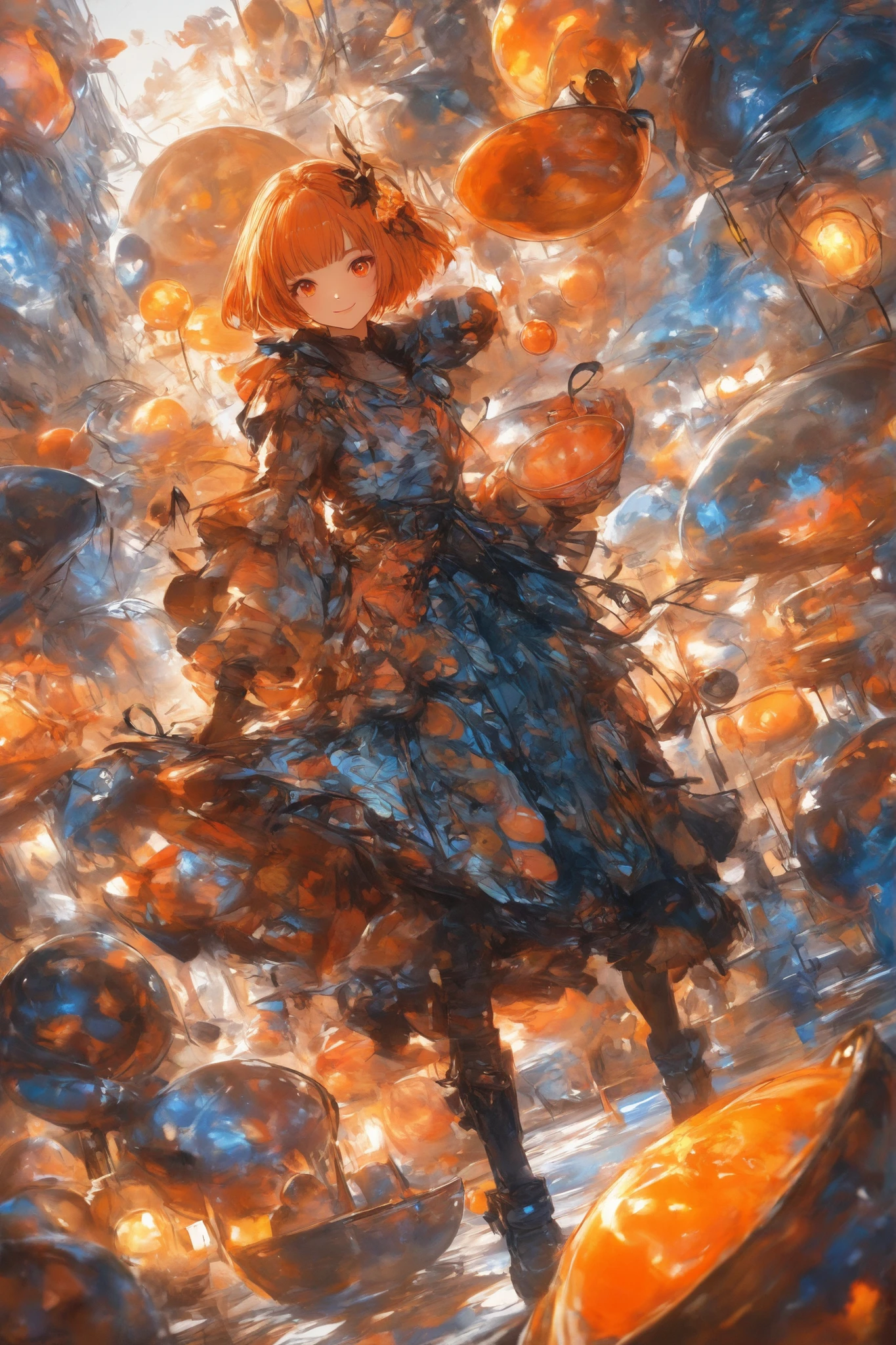 score_9, score_8_up, score_7_up,solo,sherryg,a girl\(very light orange bob hair,big warm orange eyes,gentle smile),cool stylish clothes\(white fluffy long one piece dress with cute orange patterns,light orange laser boots with black bow\),she has huge crystal bowl,a little cute fairy in the bowl,Dutch angle,mythical atmosphere,intricate art work,detailed illustration,hand written sketch,HDR,8k
