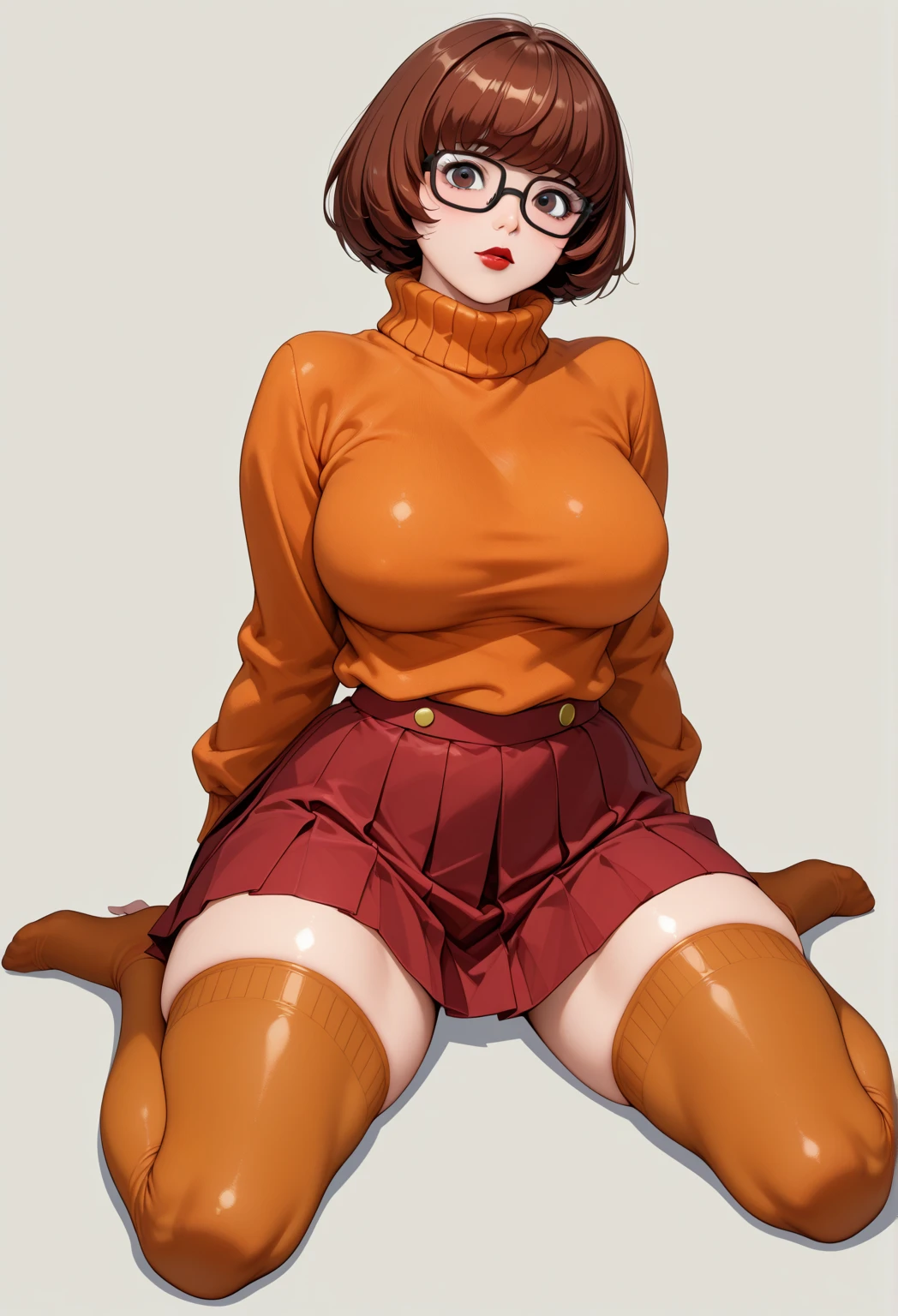 score_9, score_8_up, score_7_up, source_anime BREAK 1girl, Velma Dinkey,  1girl, solo, , looking at viewer, short hair, bangs, skirt, , brown hair, thighhighs, brown eyes, wide , thighs, pleated skirt, glasses, sweater, red lips, red skirt, turtleneck,,  turtleneck sweater, orange thighhighs, orange sweater, full body, sitting