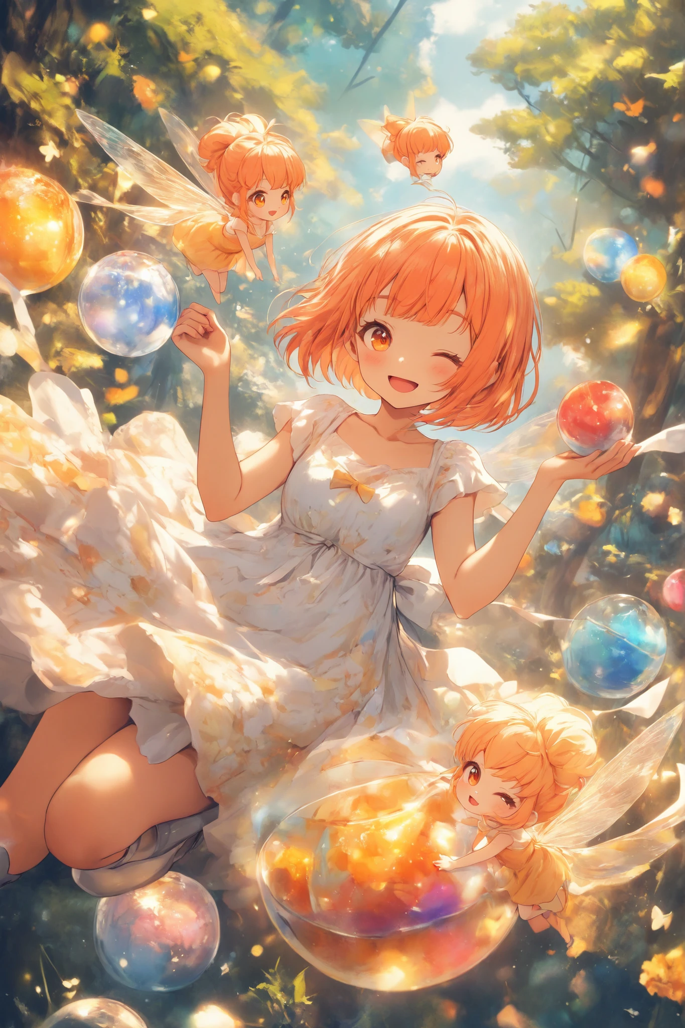 score_9, score_8_up, score_7_up,solo,sherryg,a girl\(pink orange bob hair,big orange eyes,one eye closed,one ginger to her cheek,open her mouth,gentle smile),clothes\(white fluffy long one piece dress, orange cute patterns on the dress,,soft orange laser boots with white bow\),she has huge crystal bowl,a little cute fairy in the bowl,white fluffy fairy,fairy,details of the fairy,Dutch angle,beautiful forest background,happy atmosphere,HDR,8k