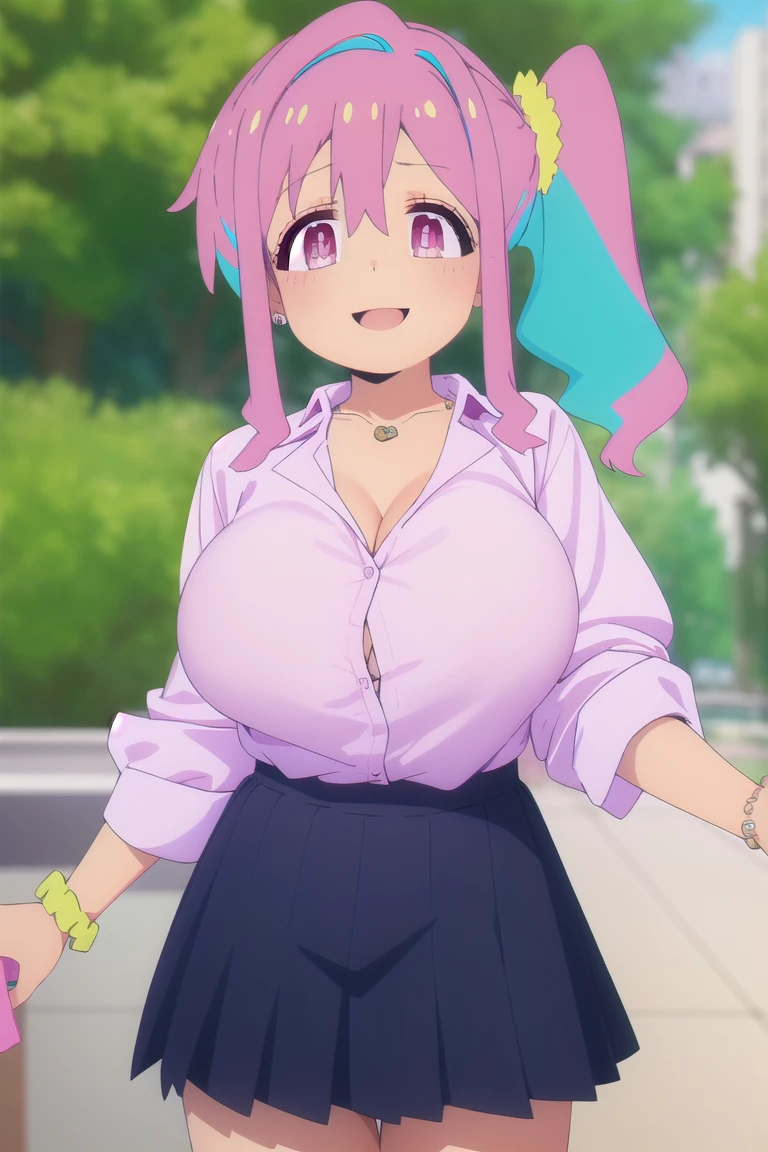 Masterpiece, anime illustration, anime girl, anime giantess, playful, no clothing, giantess images city, hair down to shoulders, straight hair, green eyes, genki, smiling, having fun, giga giantess, modern city, large breasts, taller than skyscrapers, biggest giantess, light hair, bikini, wearing bikini, giga giantess art, exposed chest, larger than entire city, pastel pink hair, excitable, perfect face, detailed face, perfect drawing, sexy, nudist, tiny city