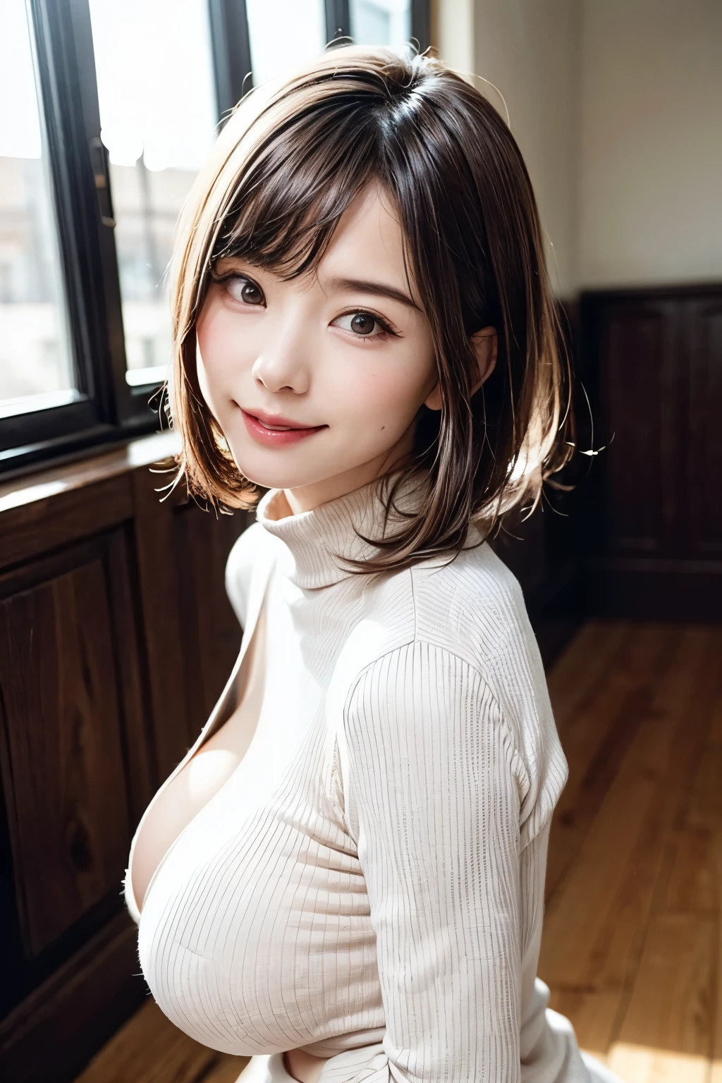 cute smile face、Wide open chest、cleavage of the breast、(Best Quality, 8K, 32K, masutepiece, nffsw:1.2),Photo of Pretty Japanese woman, Large breasts, Medium short hair、―,Upper body,Face Focus,Oversized_(((orange sweater))), Necklace, Background, From above, Looking at Viewer,