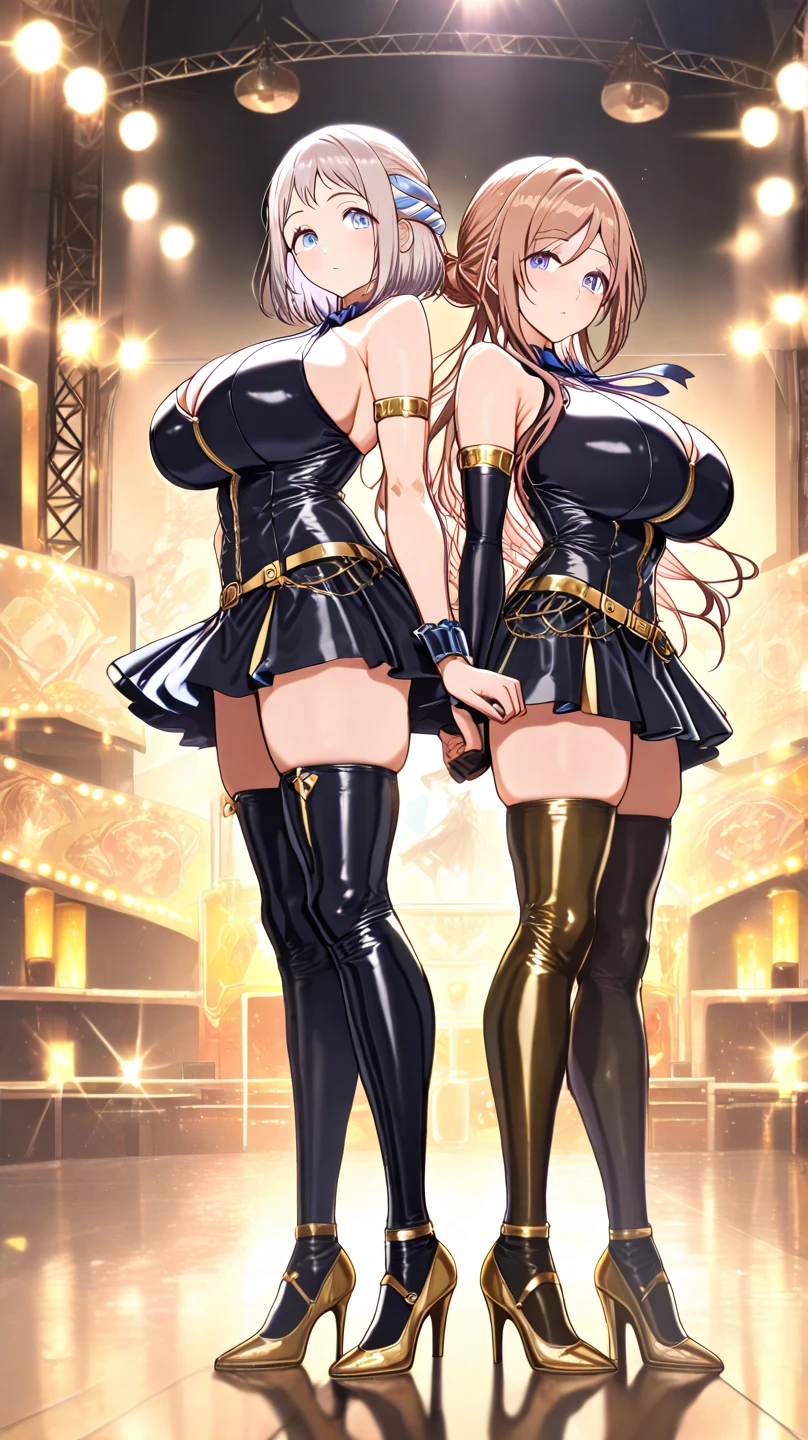 Super Resolution、
(Lively:1.3)、
(One slim girl)、Stylish girl、Huge boobs、
eye shadow、glossy lip gloss、
Thighs、Earrings、
Enamel material、Ultra mini skirt、
 Exquisite beauty、Beautiful Face, (Pitch Resuit), Inside the auditorium、Embarrassed face