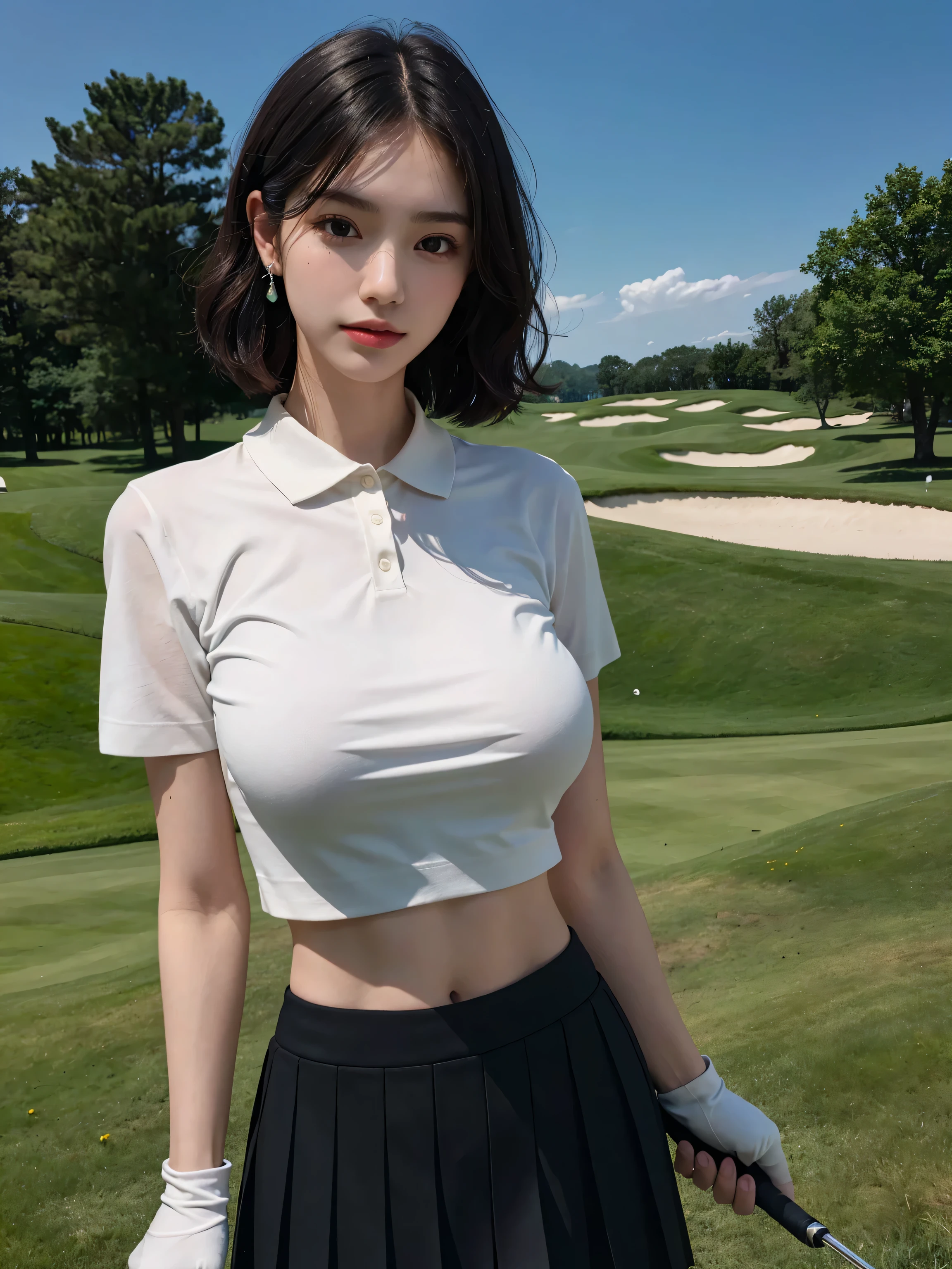 absurdres, RAW photo, extremely delicate and beautiful, masterpiece, Best Quality, ultra high resolution, 32k, hyperrealistic, ultra-detailed, perfect figure, Perfect Style, Perfect balance, in her 20s, very small head, very small face, delicate facial features, tearful mole, earring, very huge breasts, ((full body shot)), ((bare legs)), medium hair, black hair, ((golf uniform)),
