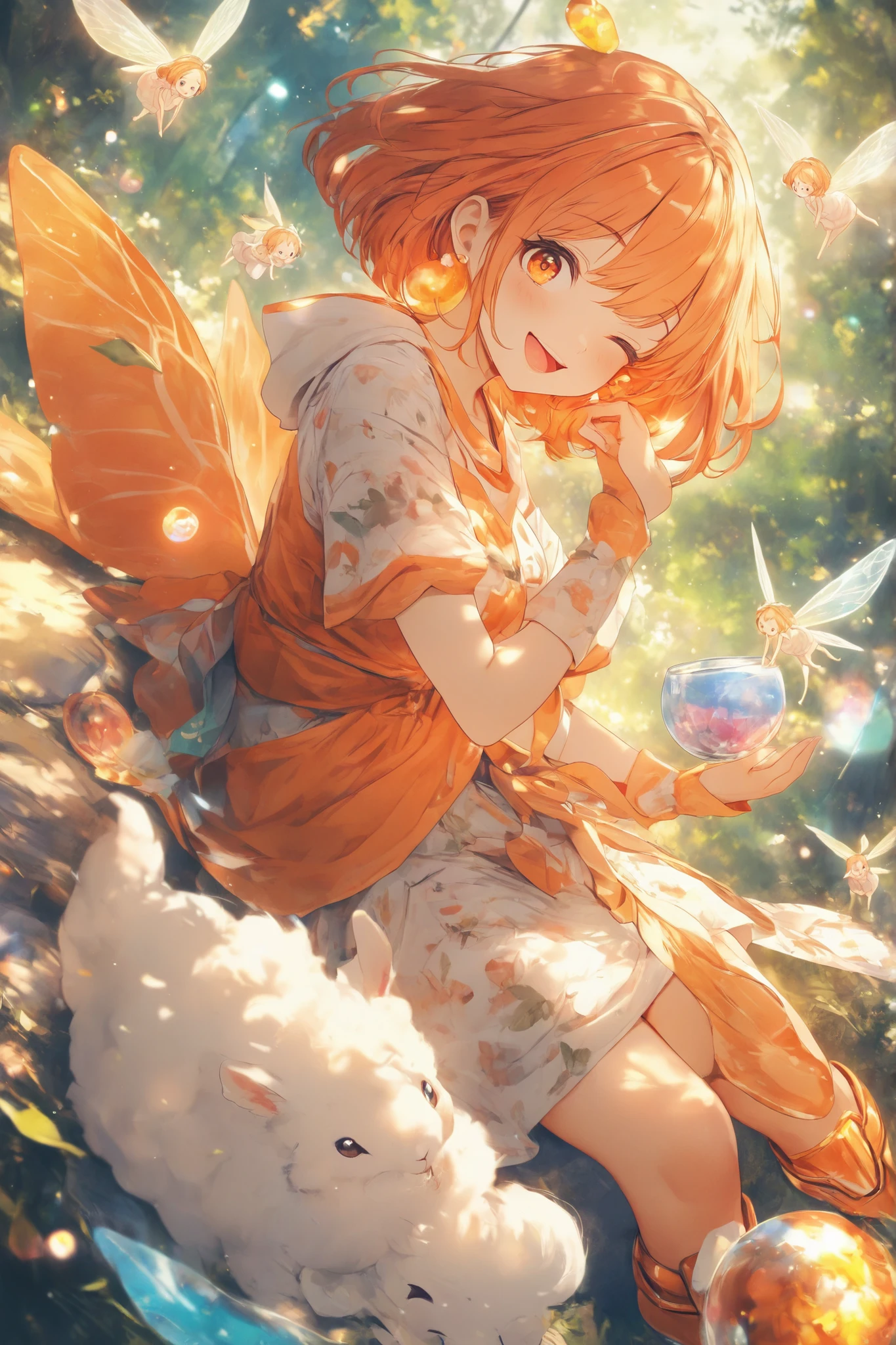 score_9, score_8_up, score_7_up,solo,sherryg,a girl\(pink orange bob hair,big orange eyes,one eye closed,one ginger to her cheek,open her mouth,gentle smile),clothes\(white fluffy long one piece dress, orange cute patterns on the dress,,soft orange laser boots with white bow\),she has huge crystal bowl,a little cute fairy in the bowl,white fluffy fairy,fairy,details of the fairy,Dutch angle,beautiful forest background,happy atmosphere,HDR,8k