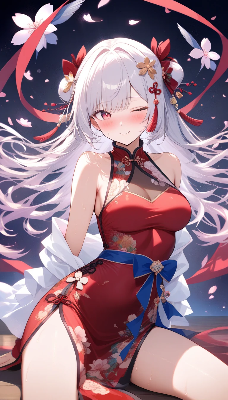 a close up of a woman in a Red dress with roses, Extravagant dress, 8k highly detailed , dressed beautiful gown, Wearing a wonderful dress, Red dress, Detailed dress and face, All red, beautiful gown, gown, elegant Red dress, red, Wearing a wonderful dress, Exquisite digital illustration,The most beautiful woman in the world、White Hair、White eyes、Best Style、Beautiful legs、whole body