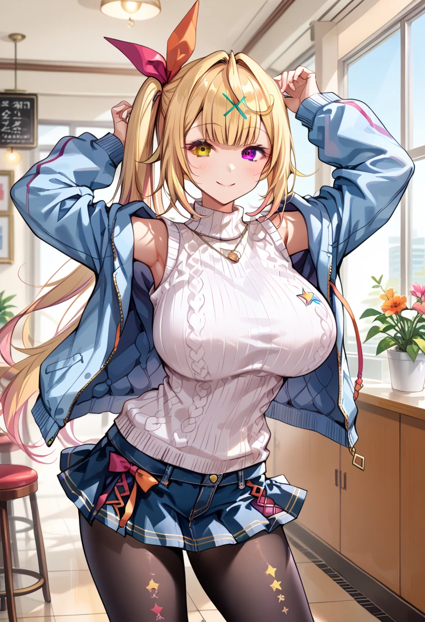 ((masterpiece, best quality;1.3)), ultra detailed, 8k unity wallpapers, CG, ray tracing, illustration, colorful, cinematic shadow, extremely detailed and beautiful background,vhd, shadering VRay,RT, breathtaking beautiful mature woman, (slutty face:1.2), blonde hair and pink highlights,pink eyes, hoop earrings , naughty smile,(big sagging breasts),wide hips, big ass, (micro White shirt with wide open chest:1.2), (micro denim shorts:1.3) , black thigh high socks, looking at viewer, facing the viewer,full-face blush,standing in front , sexy pose,cowboy shot, classroom ,glowing, glowing light, ultra detailed, scenic, atmospheric