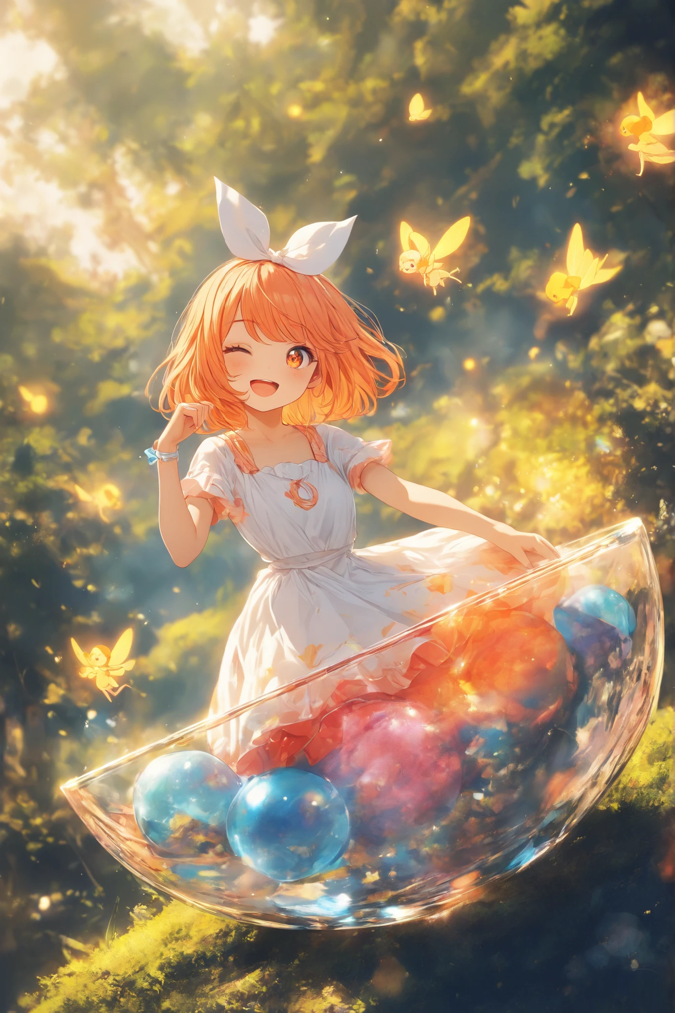 score_9, score_8_up, score_7_up,solo,sherryg,a girl\(pink orange bob hair,big orange eyes,one eye closed,one ginger to her cheek,open her mouth,gentle smile),clothes\(white fluffy long one piece dress, orange cute patterns on the dress,,soft orange laser boots with white bow\),she has huge crystal bowl,a little cute fairy in the bowl,white fluffy fairy,fairy,details of the fairy,Dutch angle,beautiful forest background,happy atmosphere,HDR,8k