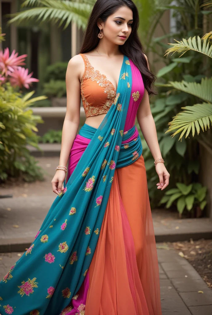 a woman in a sari posing for a picture, indian goddess, traditional beauty, indian, beautiful goddess, ornate cosplay, indian style, indian super model, beautiful maiden, gorgeous woman, south east asian with long, provocative indian, gorgeous beautiful woman, intricate outfit, hindu aesthetic, beautiful asian girl, extremely detailed goddess shot, jaw-dropping beauty, big deep cleavage sexy navel, big deep cleavage, sexy indian women, massive in sexy bikni fusion full body