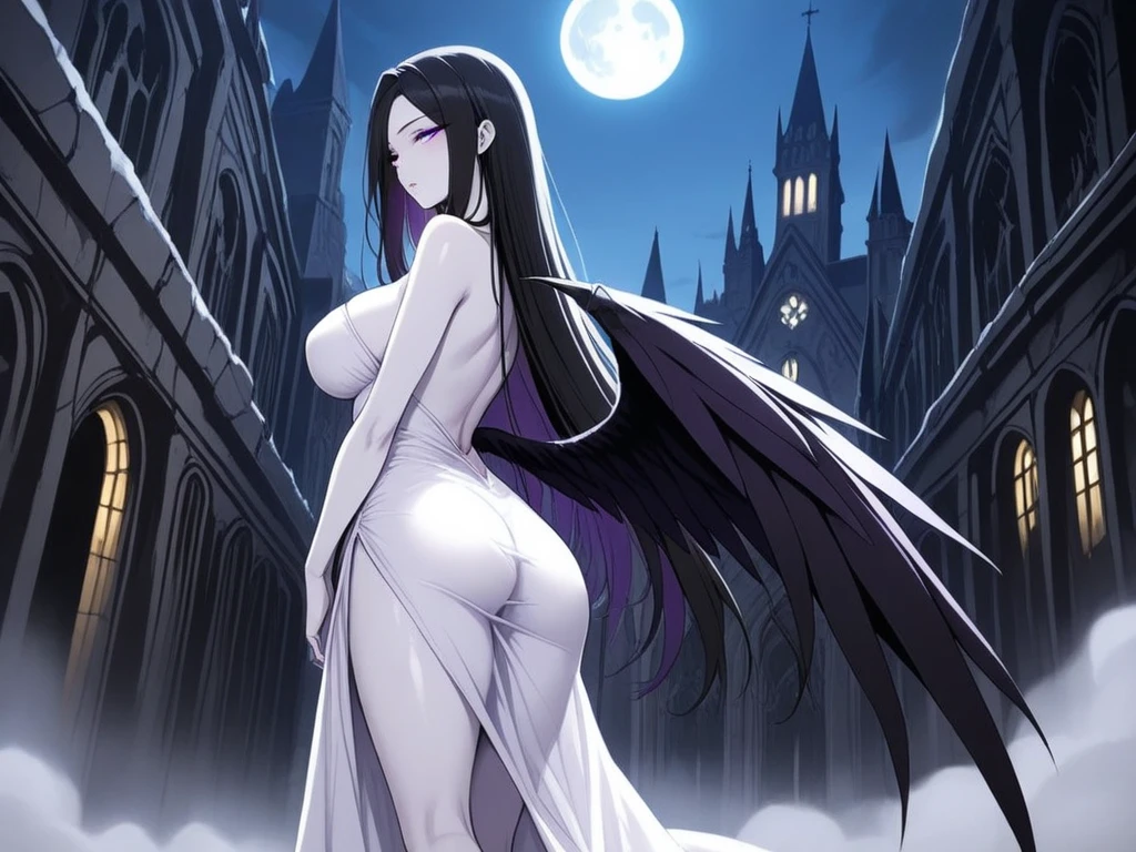 (best quality,ultra-detailed,realistic:1.37), Hinata, beautiful, sexy pose, nude body, full body, pussy, standing, nude shoulders, standing, large breasts, pussy, blue bat wings, vibrant colors, natural lighting, smile, hair ornament, necklace, night, space, moon and stars, nebula, galaxy